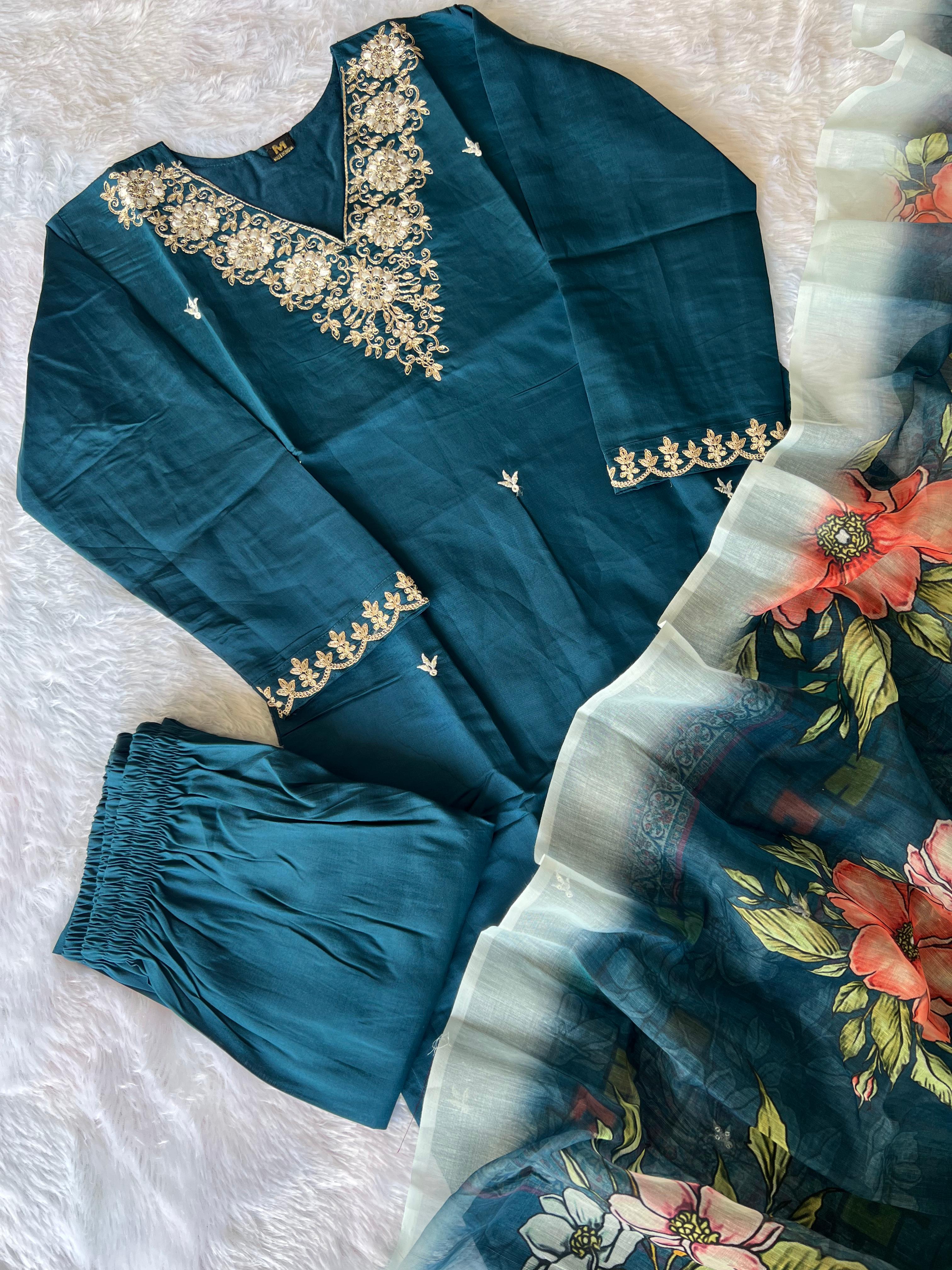 Teal Blue Roman Silk Embroidered Kurta Set with Trouser & Dupatta