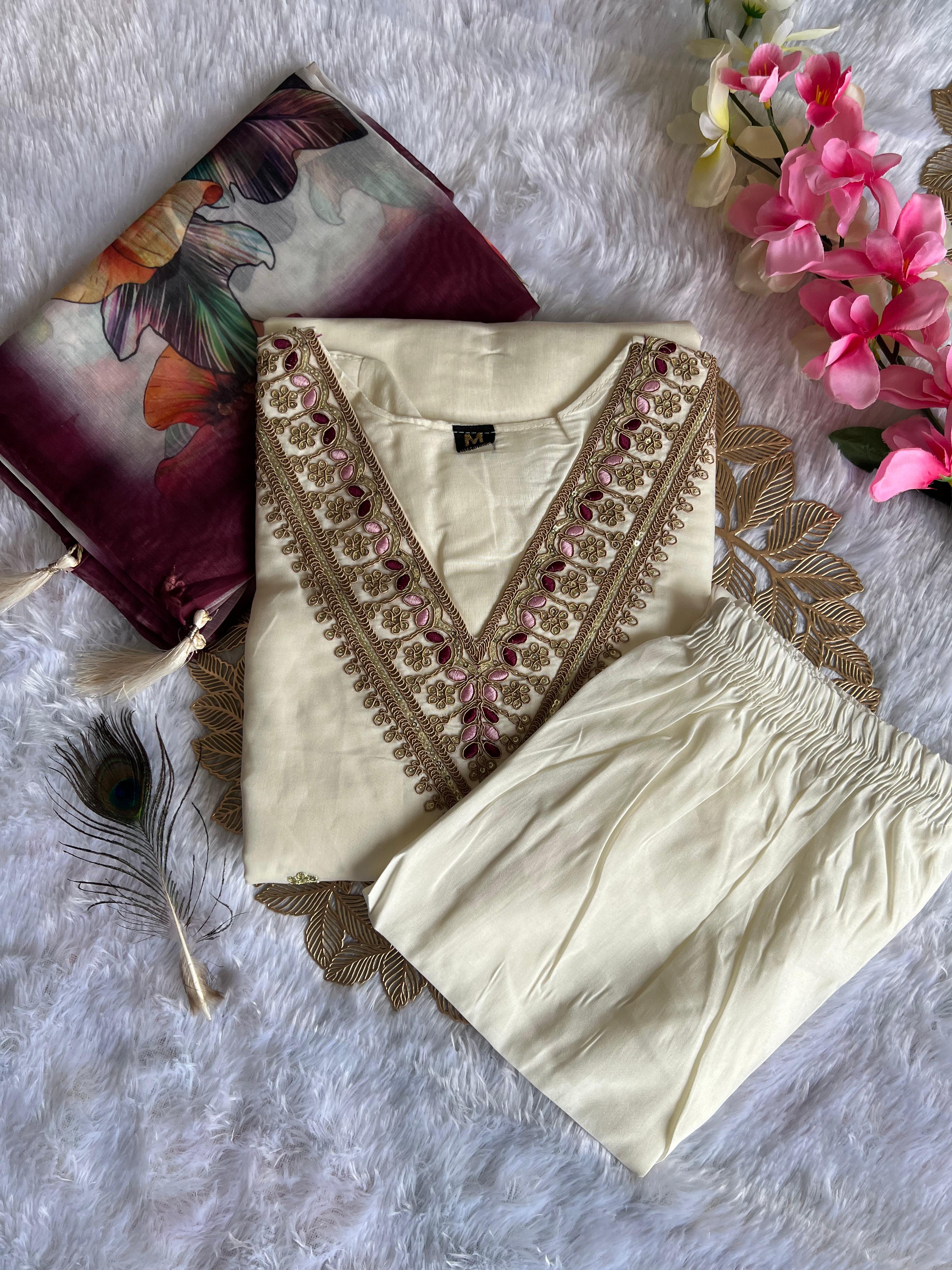 White Roman Silk Embroidered Straight Kurta with Trouser & Dupatta