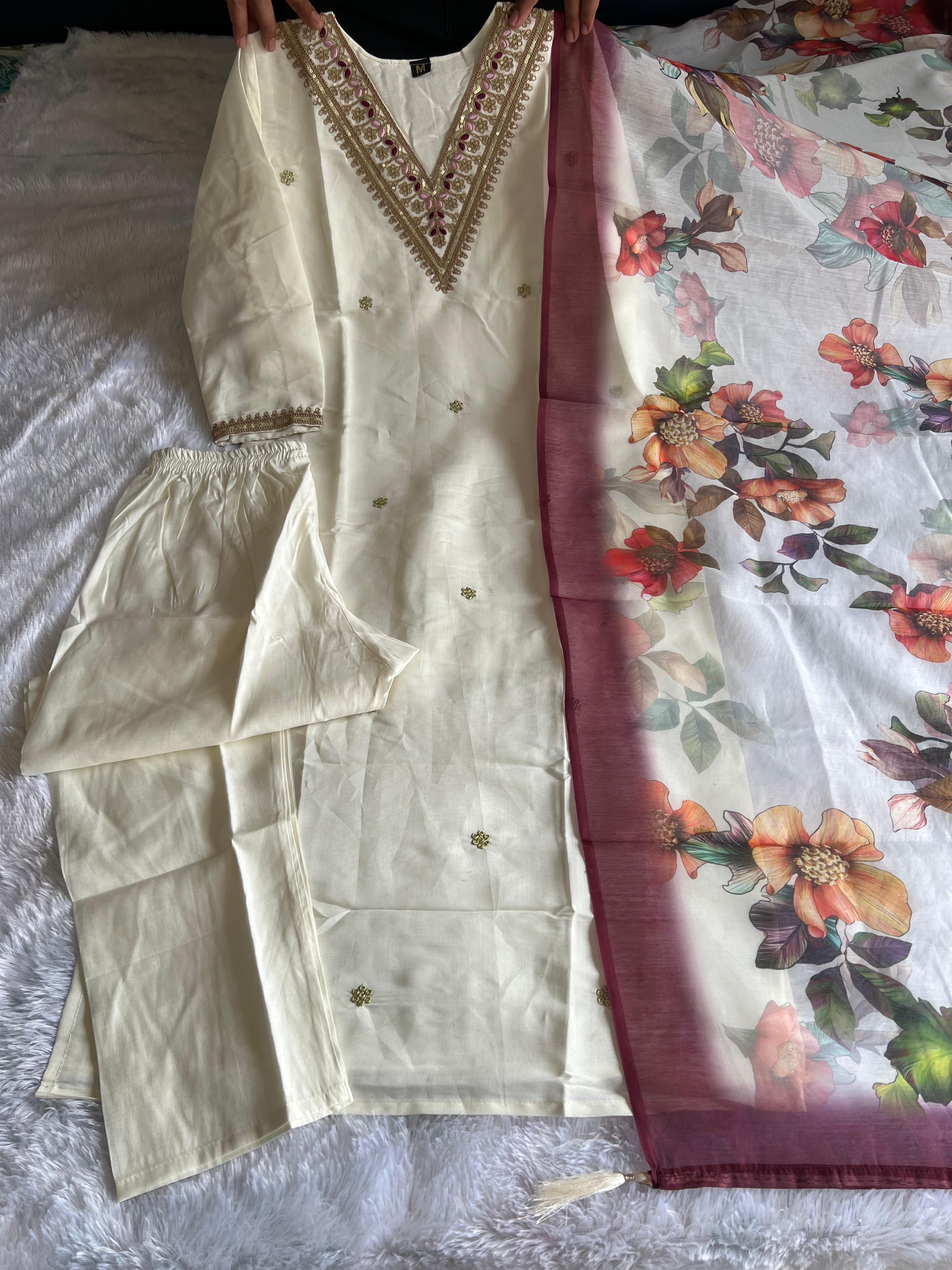 White Roman Silk Embroidered Straight Kurta with Trouser & Dupatta