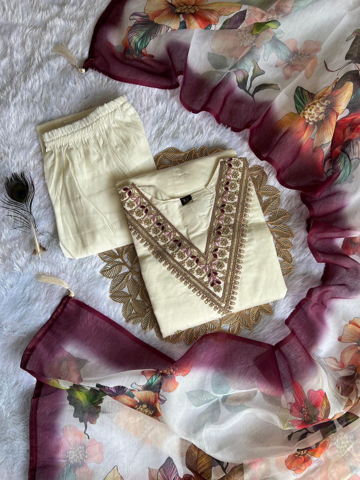 White Roman Silk Embroidered Straight Kurta with Trouser & Dupatta