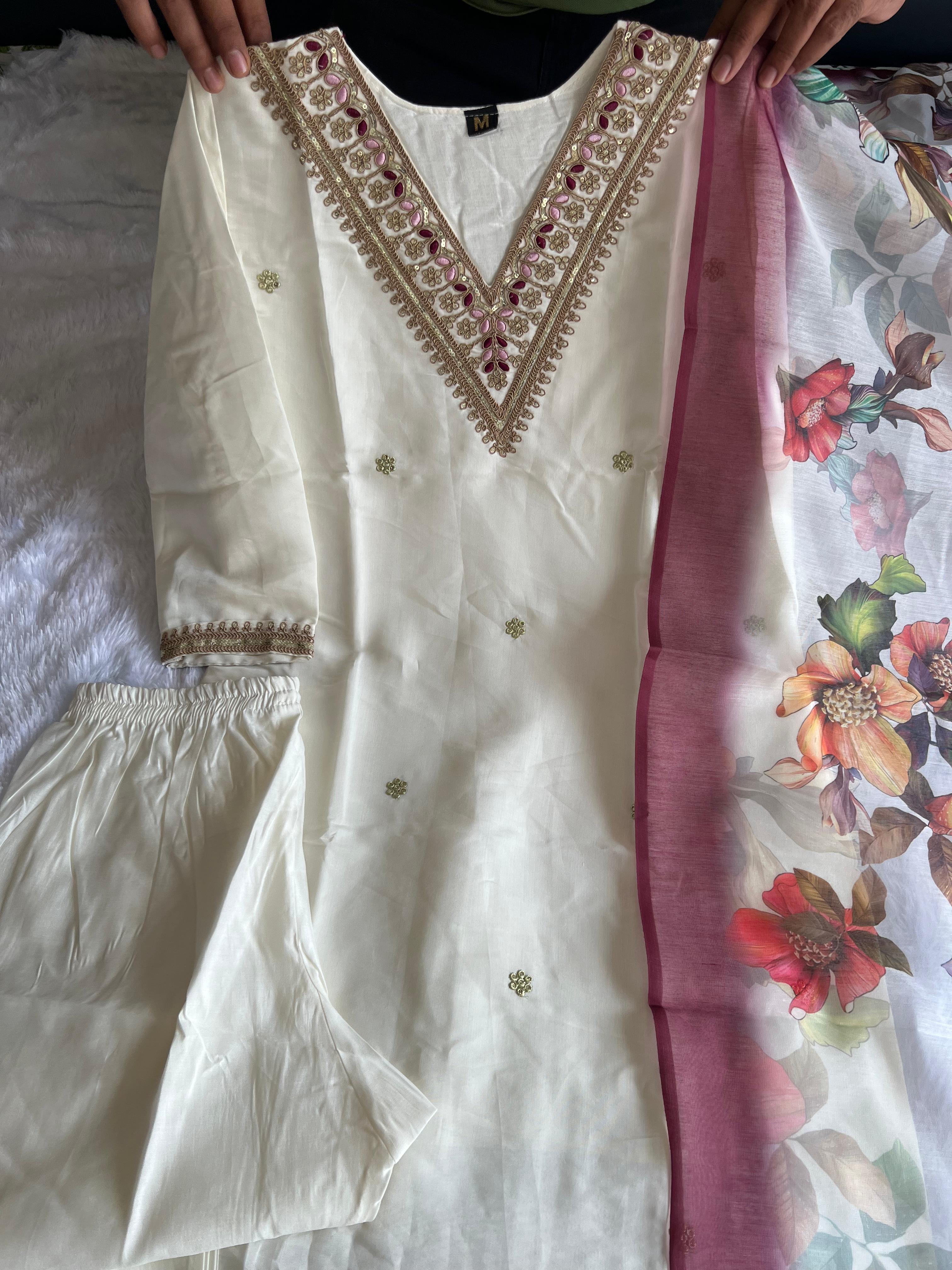 White Roman Silk Embroidered Straight Kurta with Trouser & Dupatta