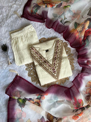 White Roman Silk Embroidered Straight Kurta with Trouser & Dupatta