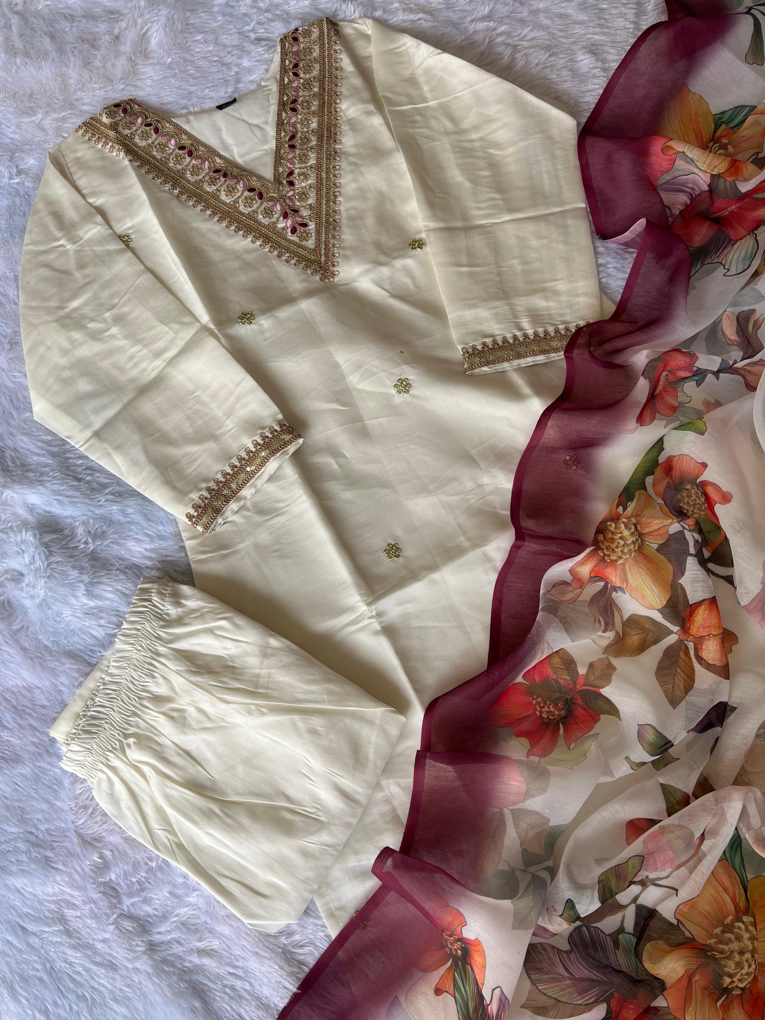 White Roman Silk Embroidered Straight Kurta with Trouser & Dupatta