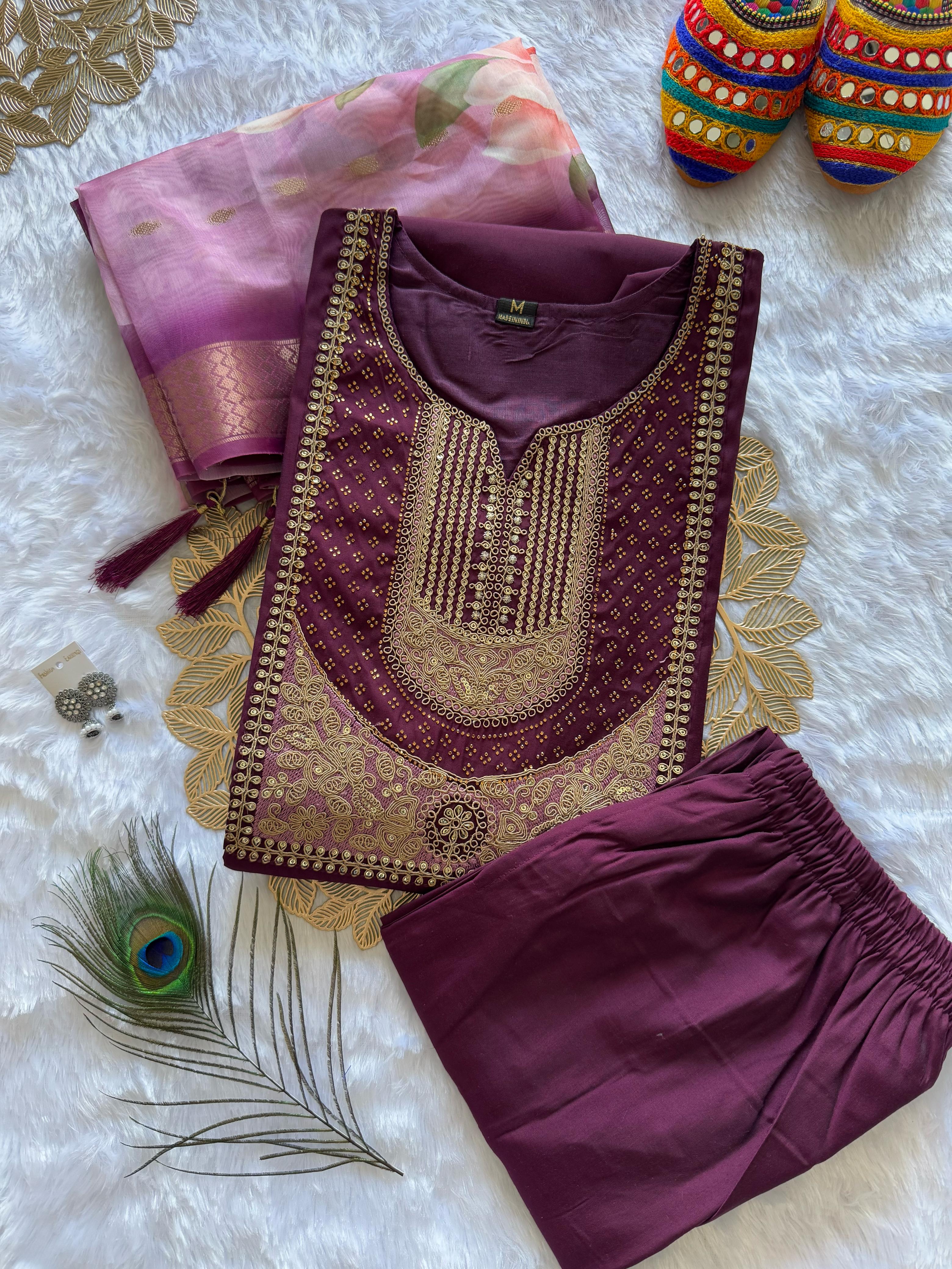Wine Roman Silk Embroidered Kurta Set with Trouser & Dupatta