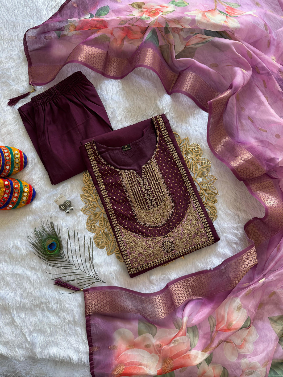 Wine Roman Silk Embroidered Kurta Set with Trouser & Dupatta