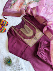 Wine Roman Silk Embroidered Kurta Set with Trouser & Dupatta