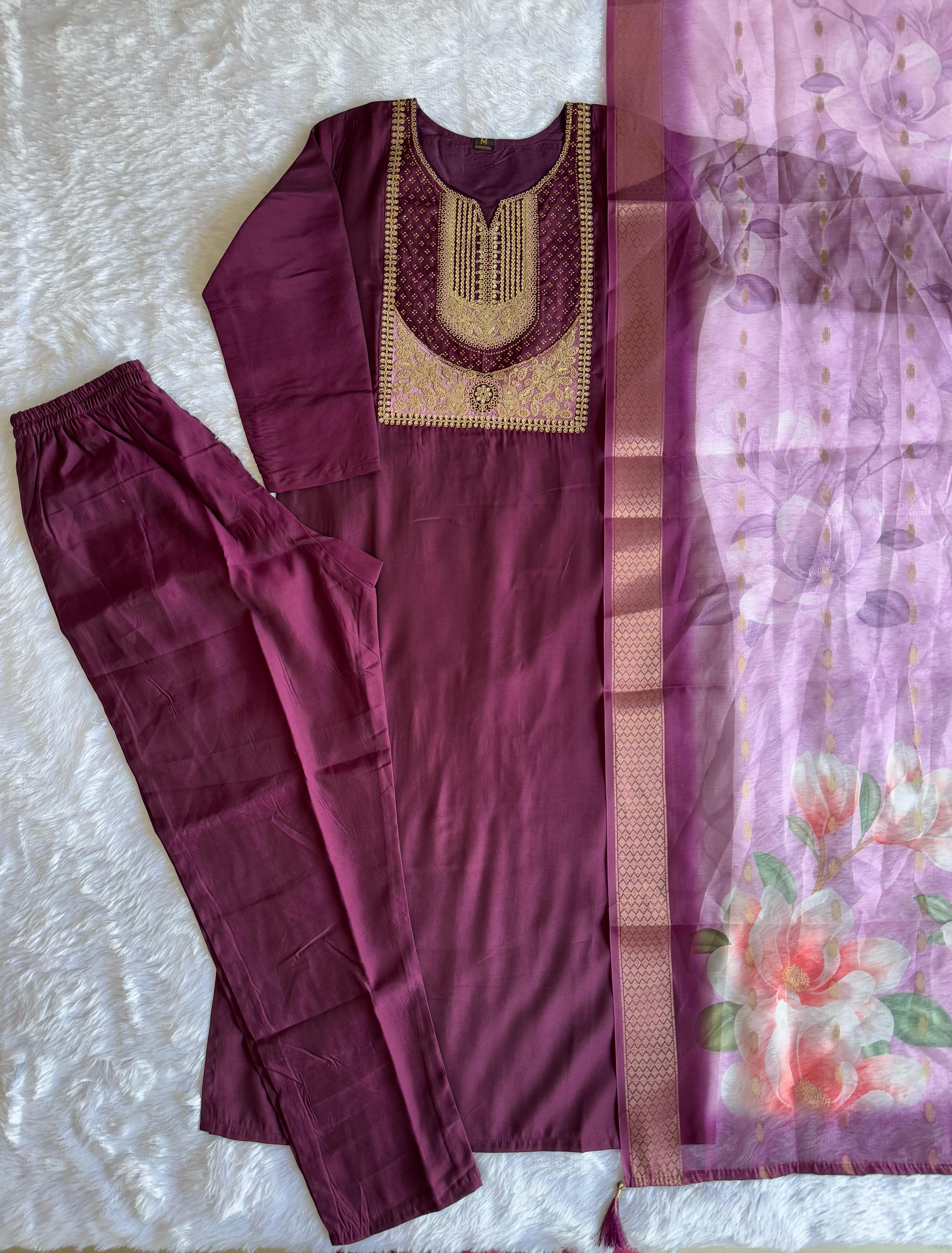 Wine Roman Silk Embroidered Kurta Set with Trouser & Dupatta