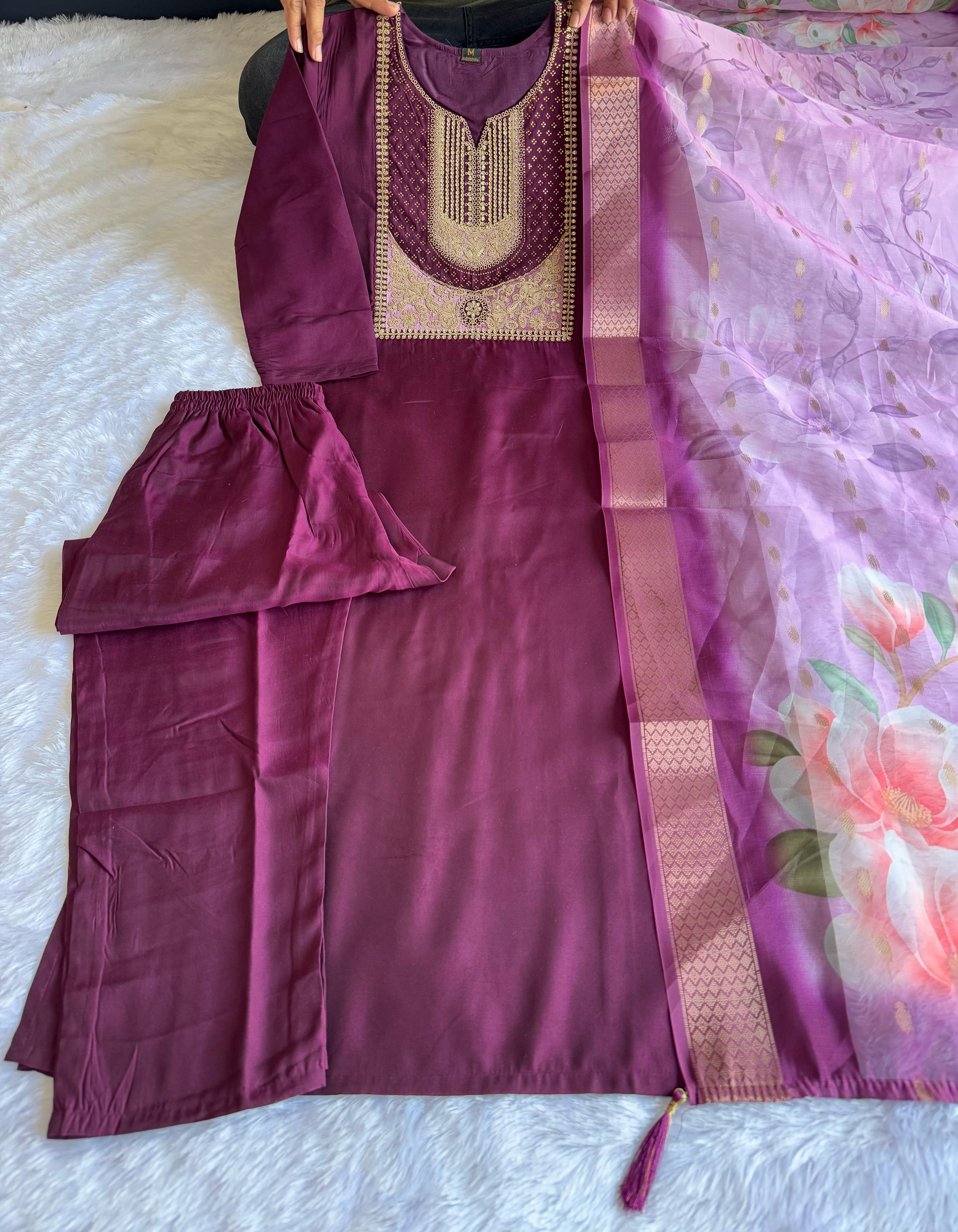 Wine Roman Silk Embroidered Kurta Set with Trouser & Dupatta