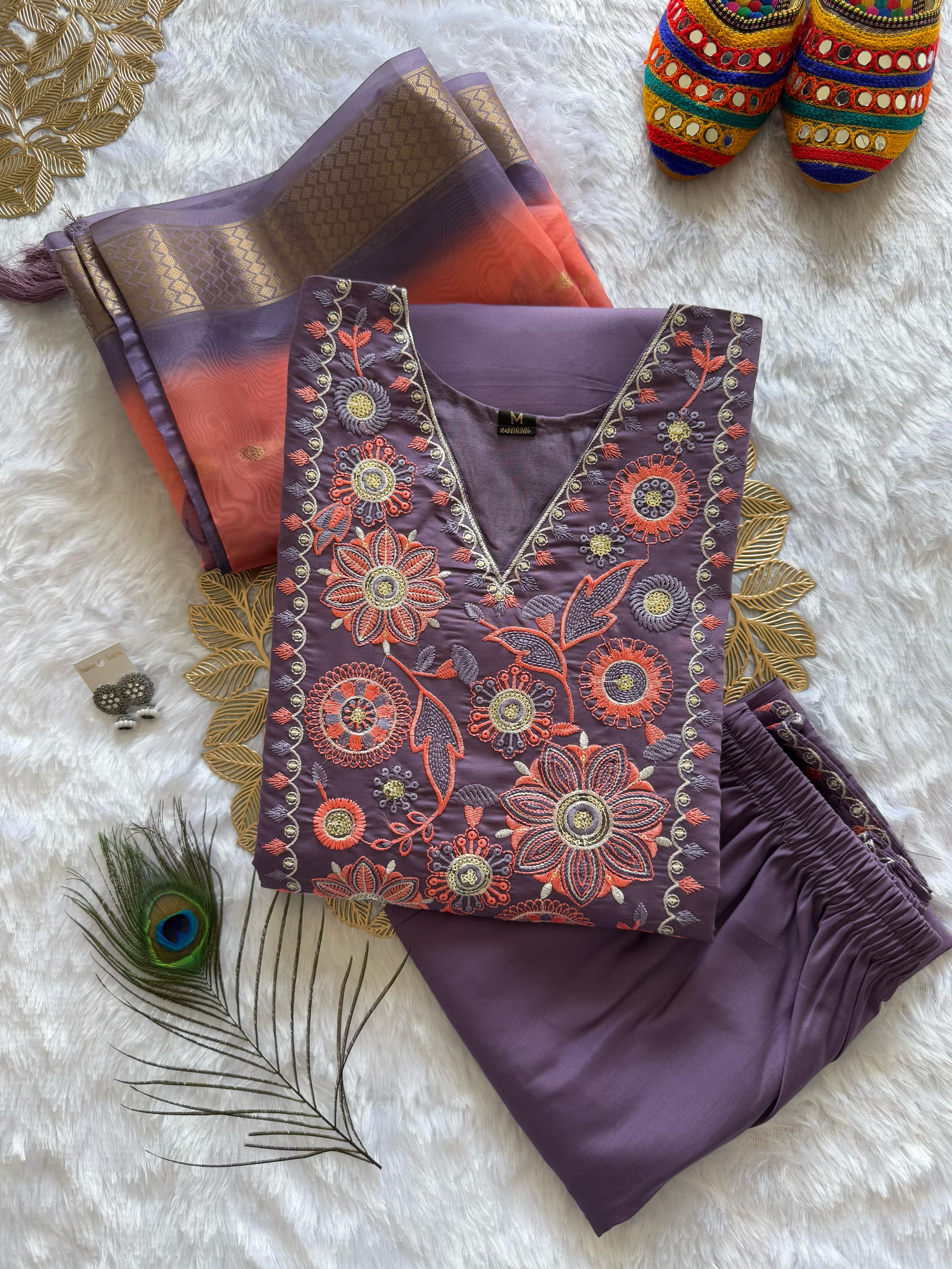Violet Roman Silk Embroidered Kurta Set with Trouser & Dupatta