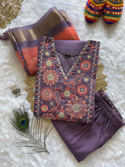 Violet Roman Silk Embroidered Kurta Set with Trouser & Dupatta