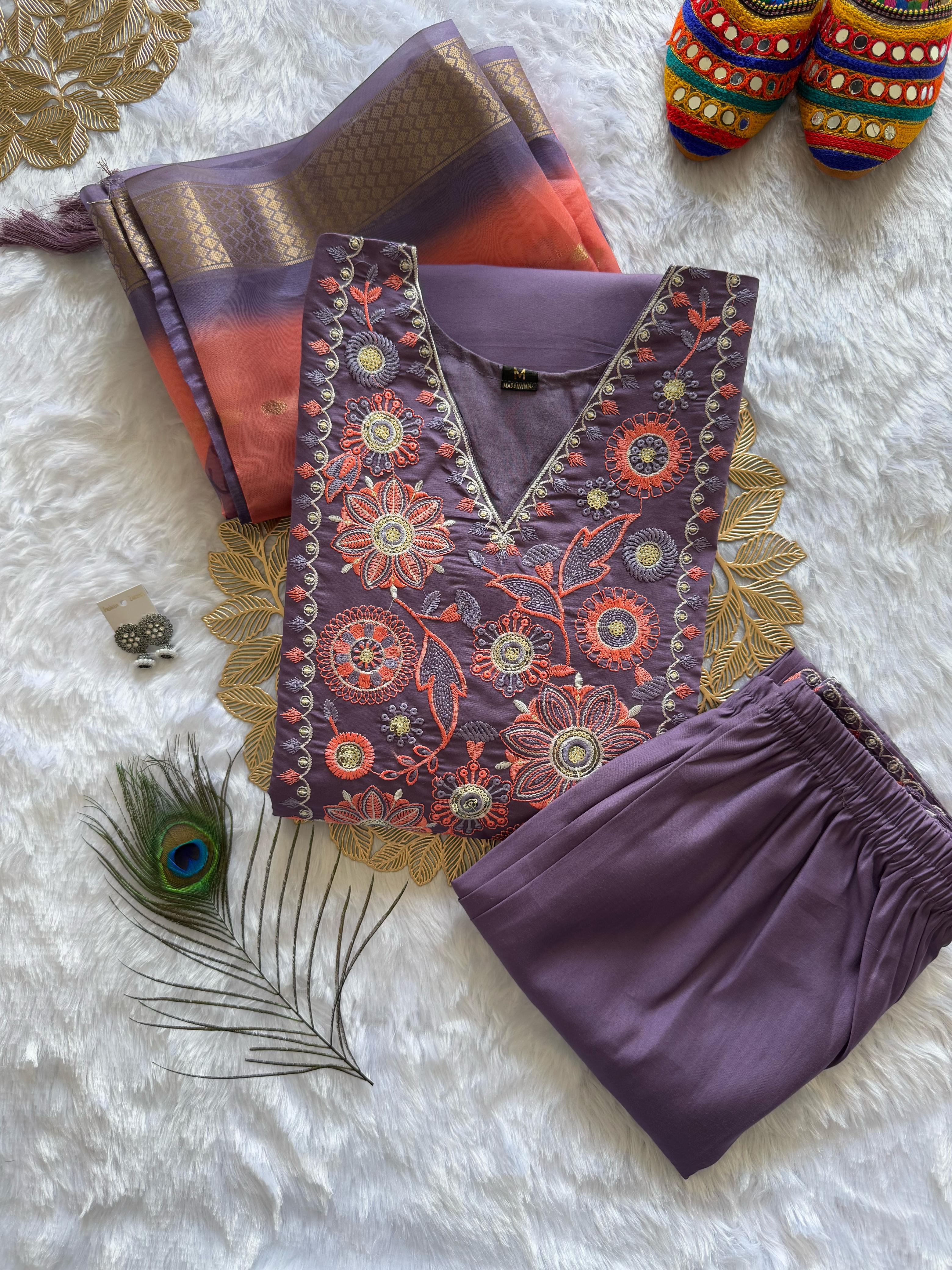 Violet Roman Silk Embroidered Kurta Set with Trouser & Dupatta