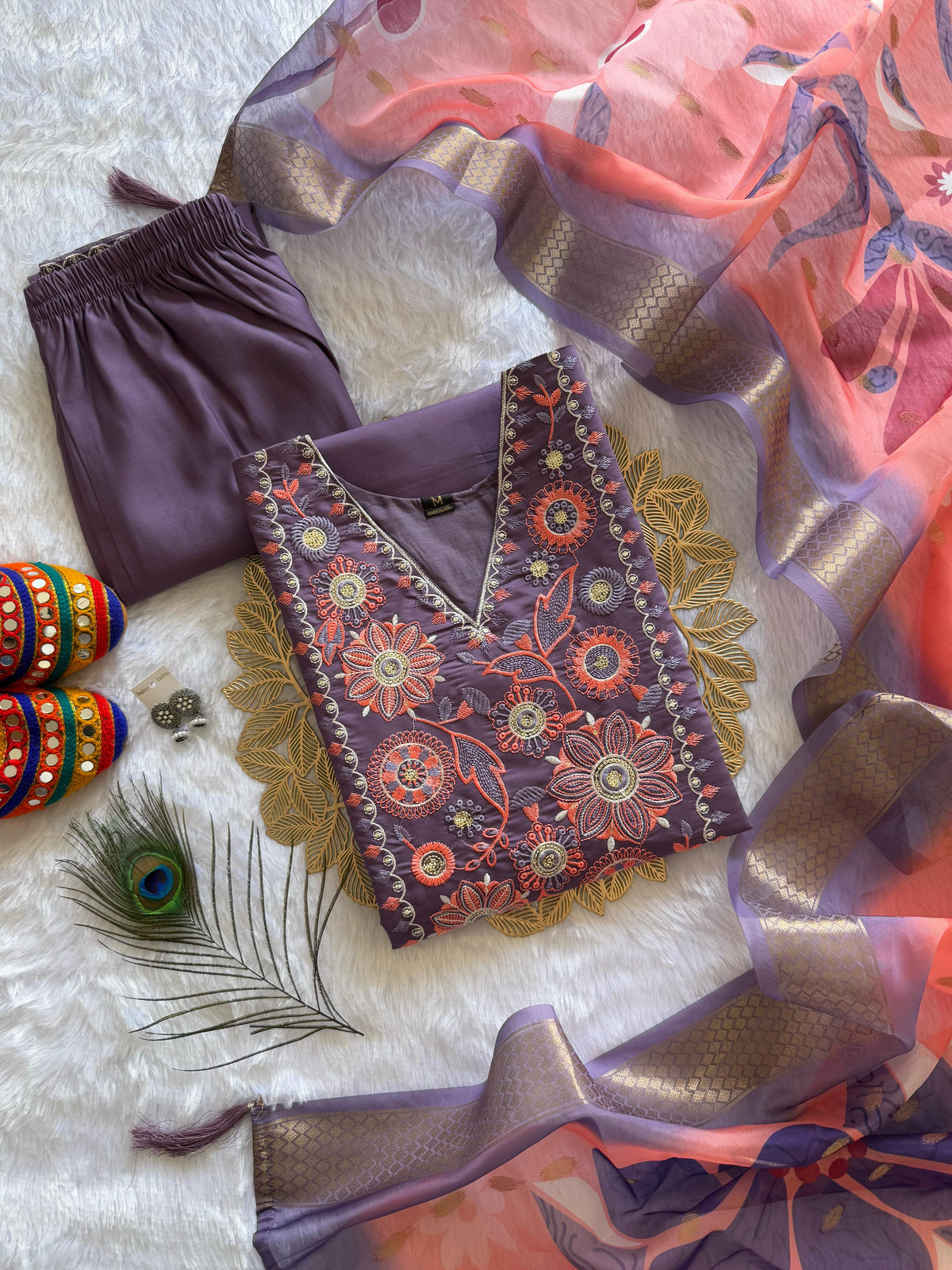 Violet Roman Silk Embroidered Kurta Set with Trouser & Dupatta