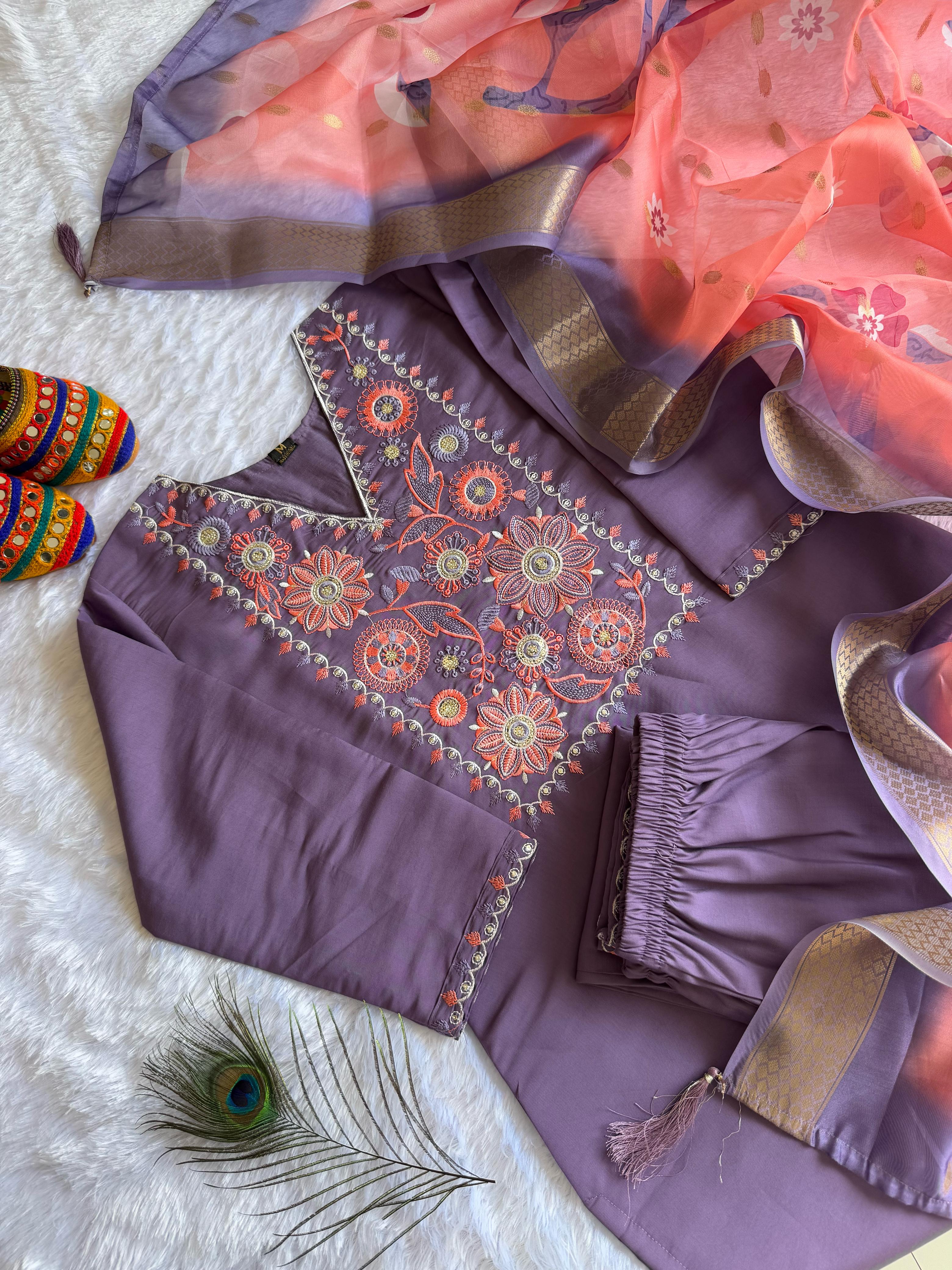 Violet Roman Silk Embroidered Kurta Set with Trouser & Dupatta