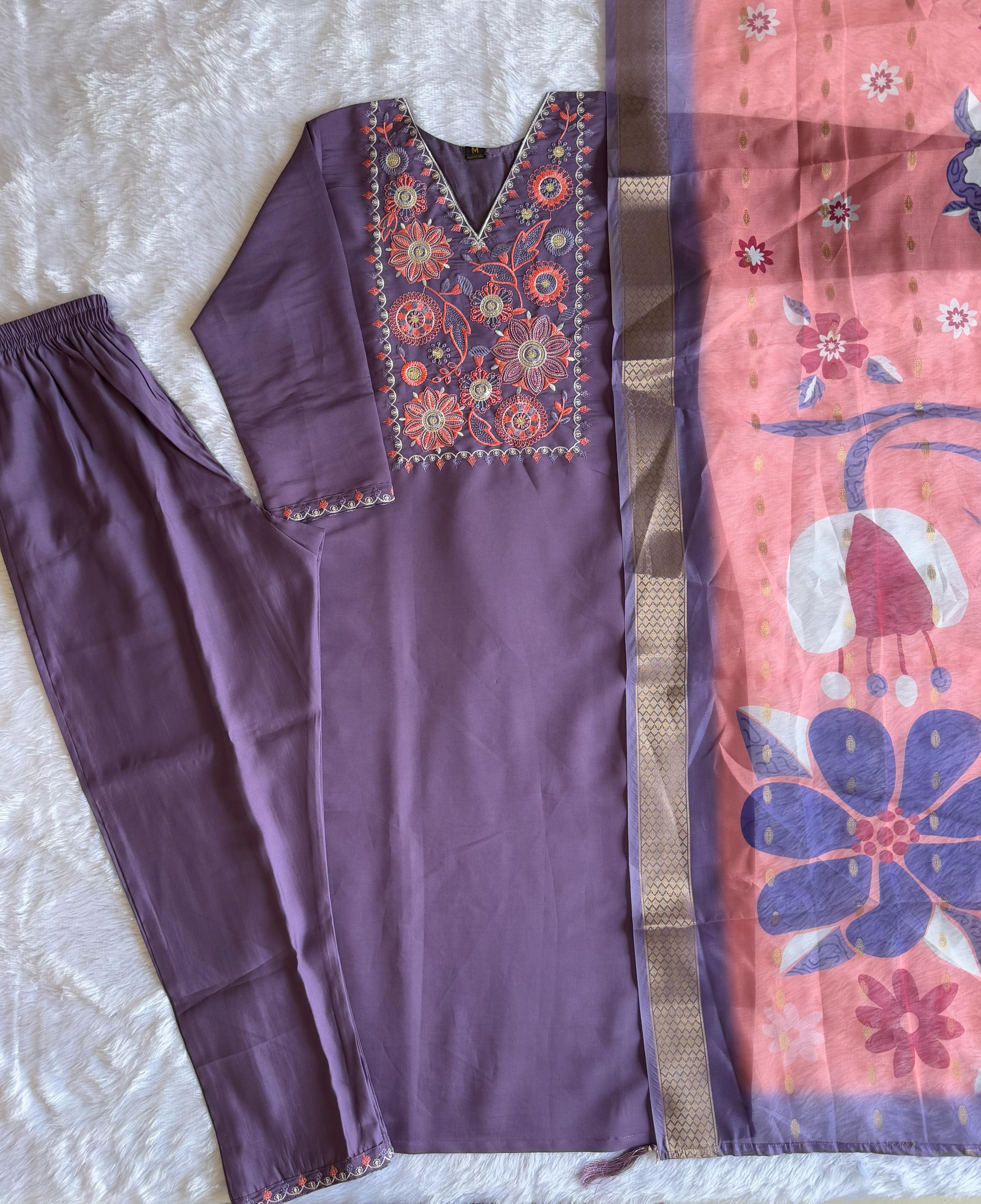 Violet Roman Silk Embroidered Kurta Set with Trouser & Dupatta