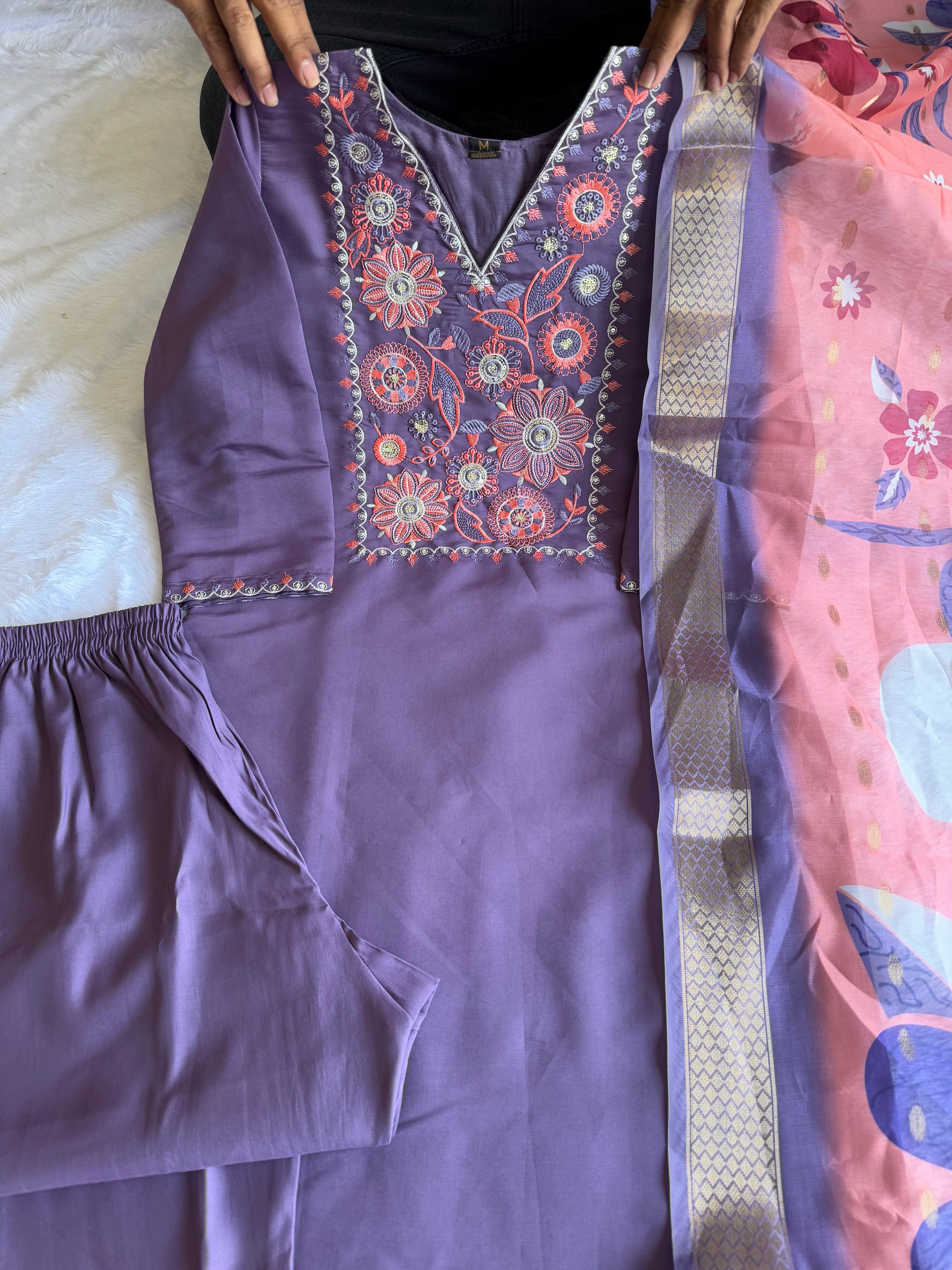 Violet Roman Silk Embroidered Kurta Set with Trouser & Dupatta