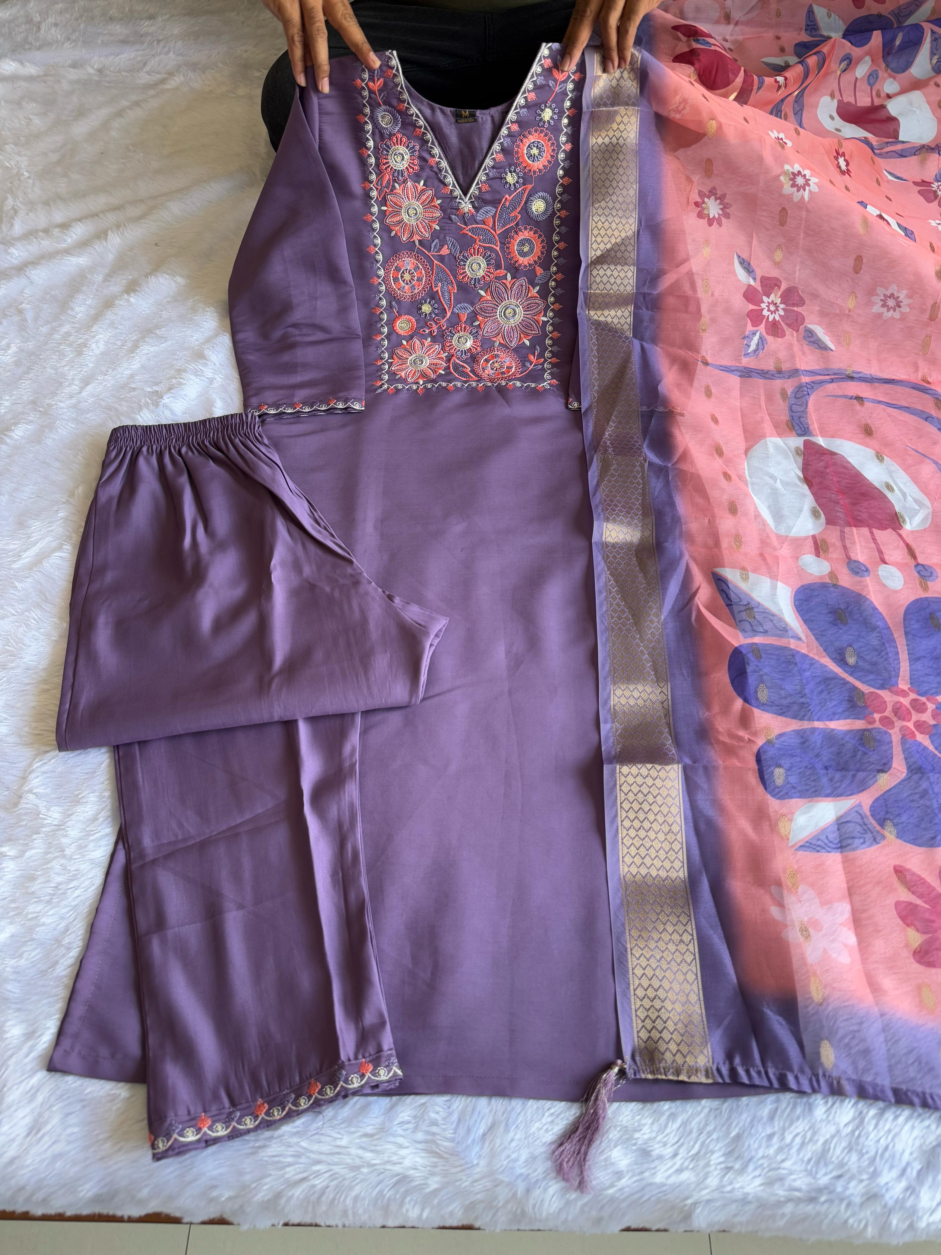 Violet Roman Silk Embroidered Kurta Set with Trouser & Dupatta