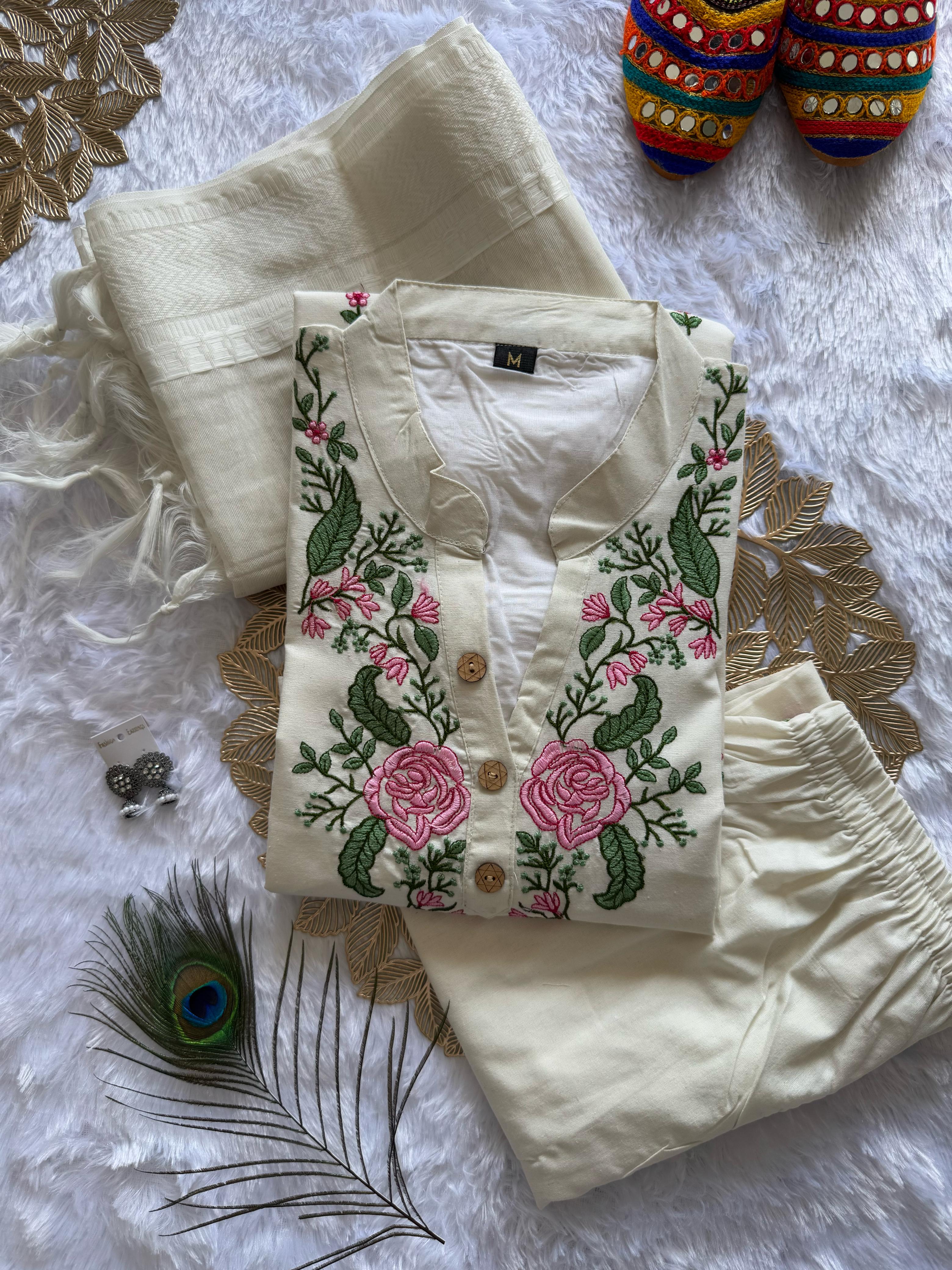 White Cotton Embroidered Straight Kurta with Trouser & Dupatta