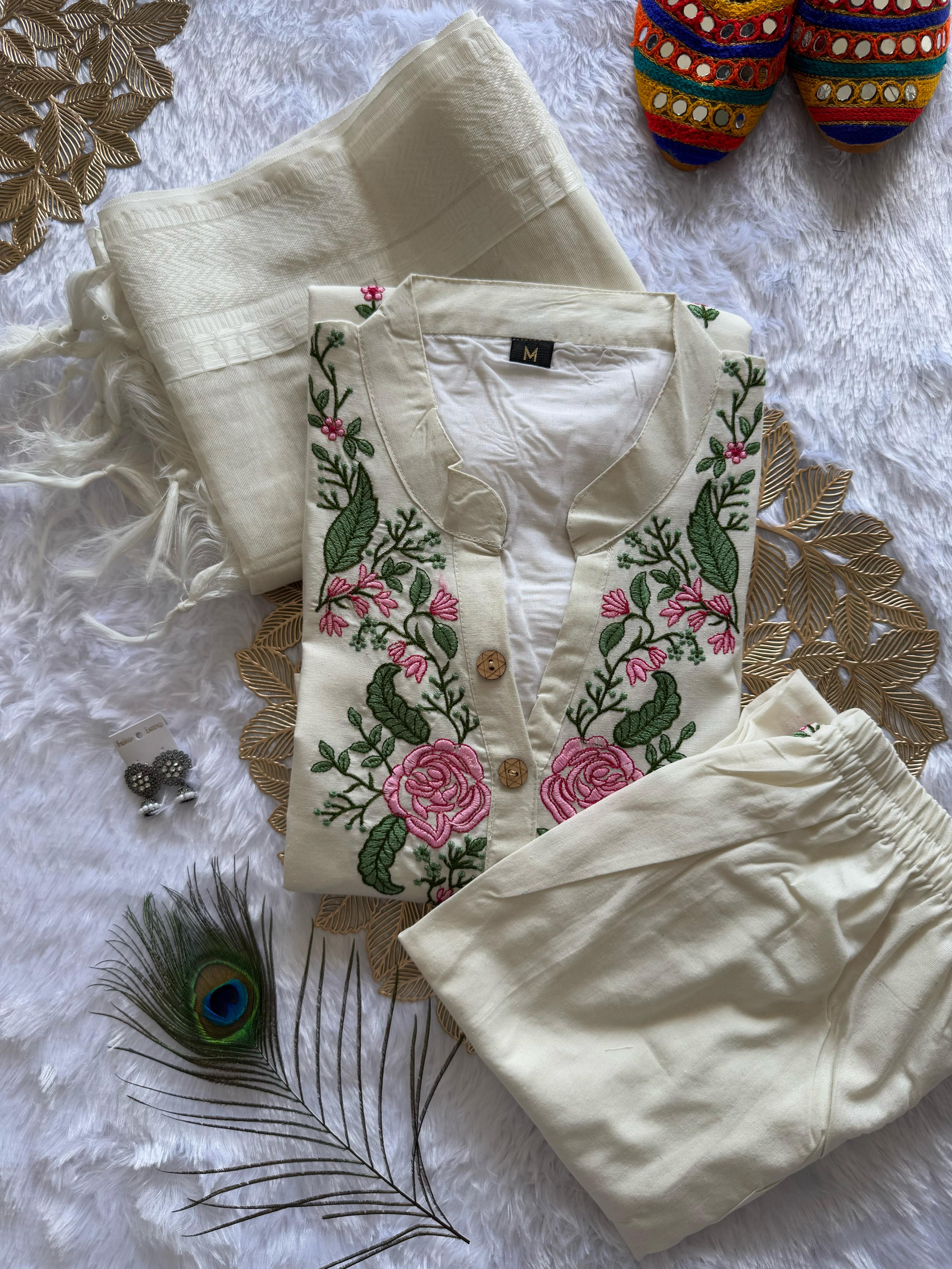 White Cotton Embroidered Straight Kurta with Trouser & Dupatta