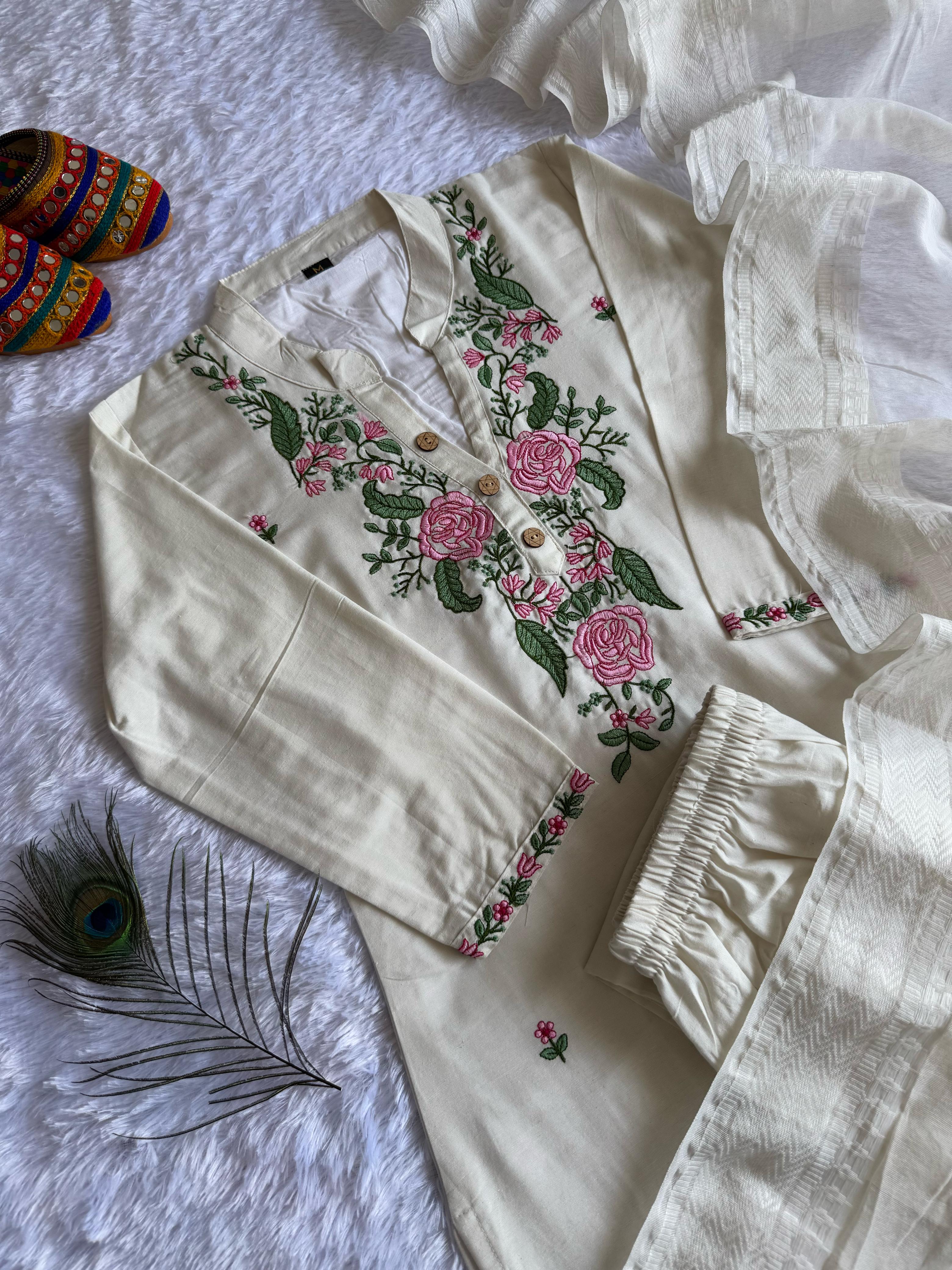 White Cotton Embroidered Straight Kurta with Trouser & Dupatta
