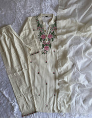 White Cotton Embroidered Straight Kurta with Trouser & Dupatta