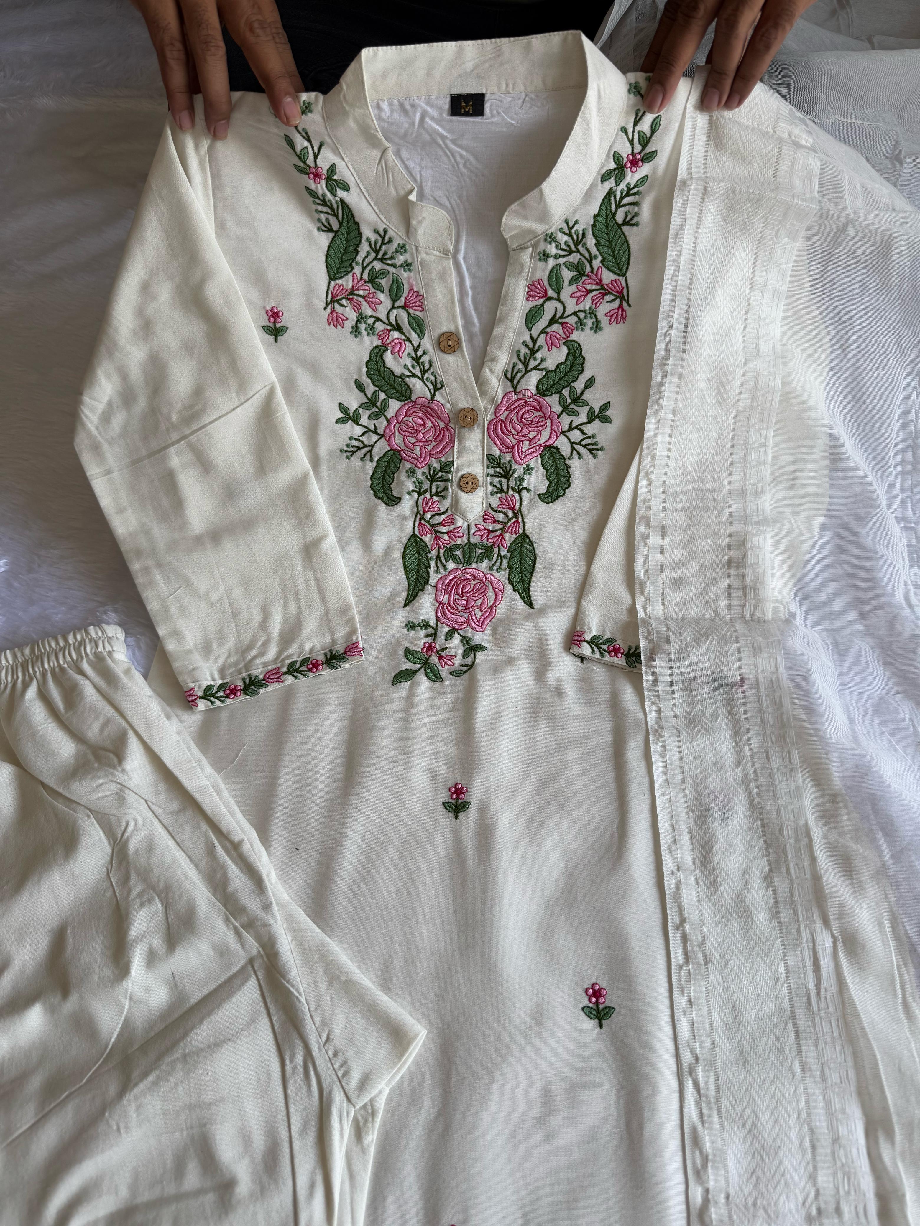 White Cotton Embroidered Straight Kurta with Trouser & Dupatta