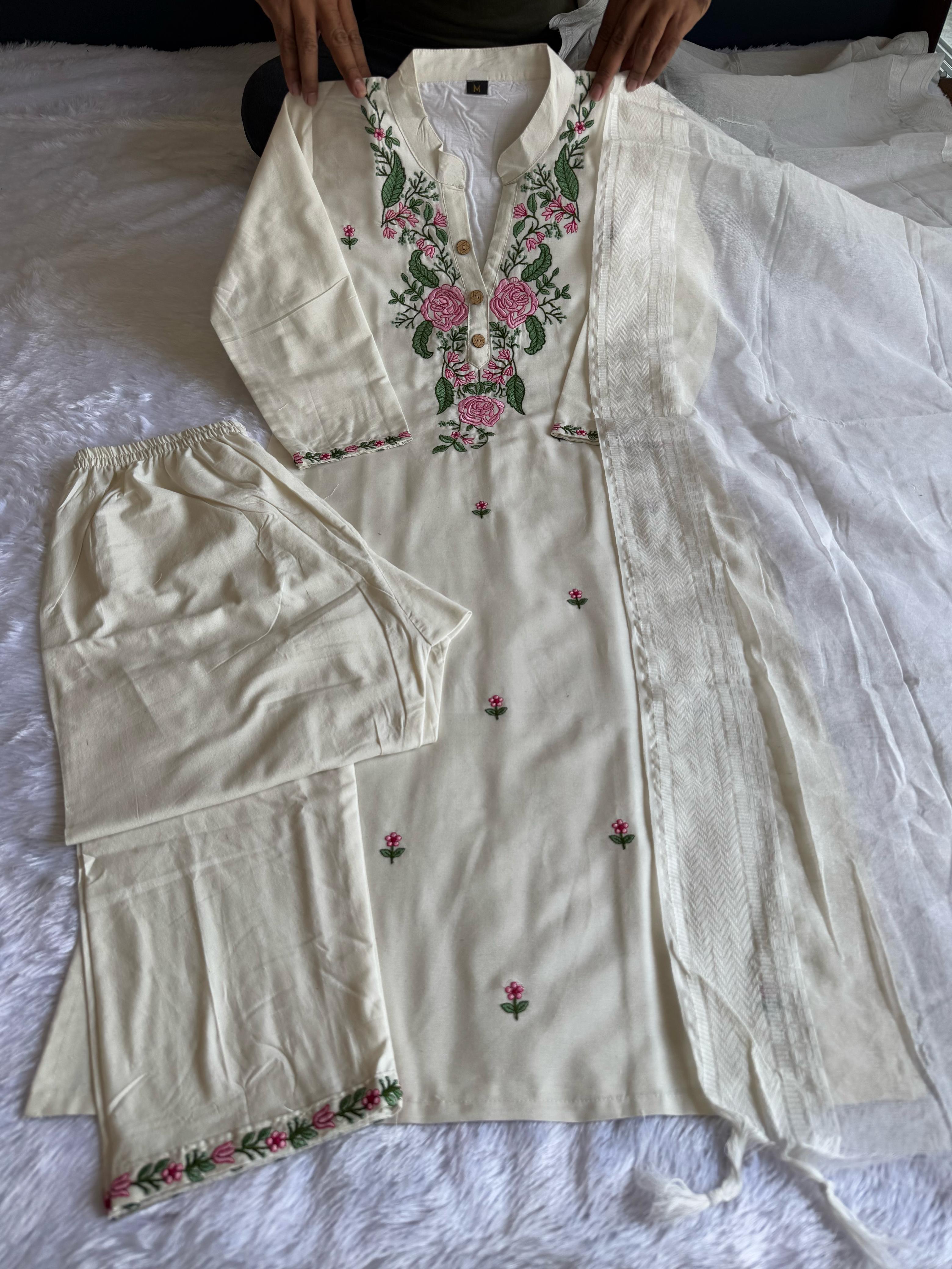 White Cotton Embroidered Straight Kurta with Trouser & Dupatta