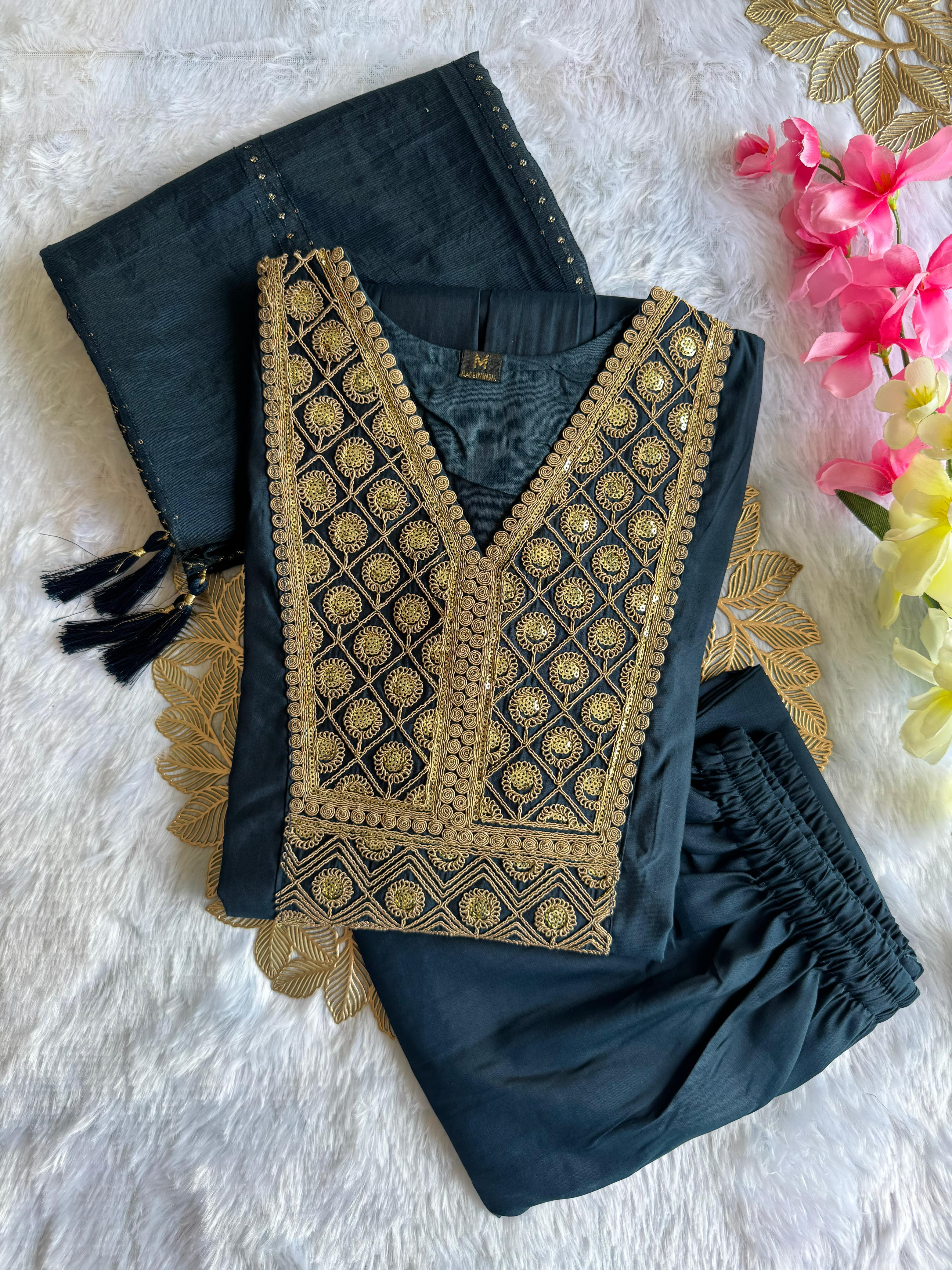 Teal Blue Cotton Embroidered Kurta Set with Trouser & Dupatta