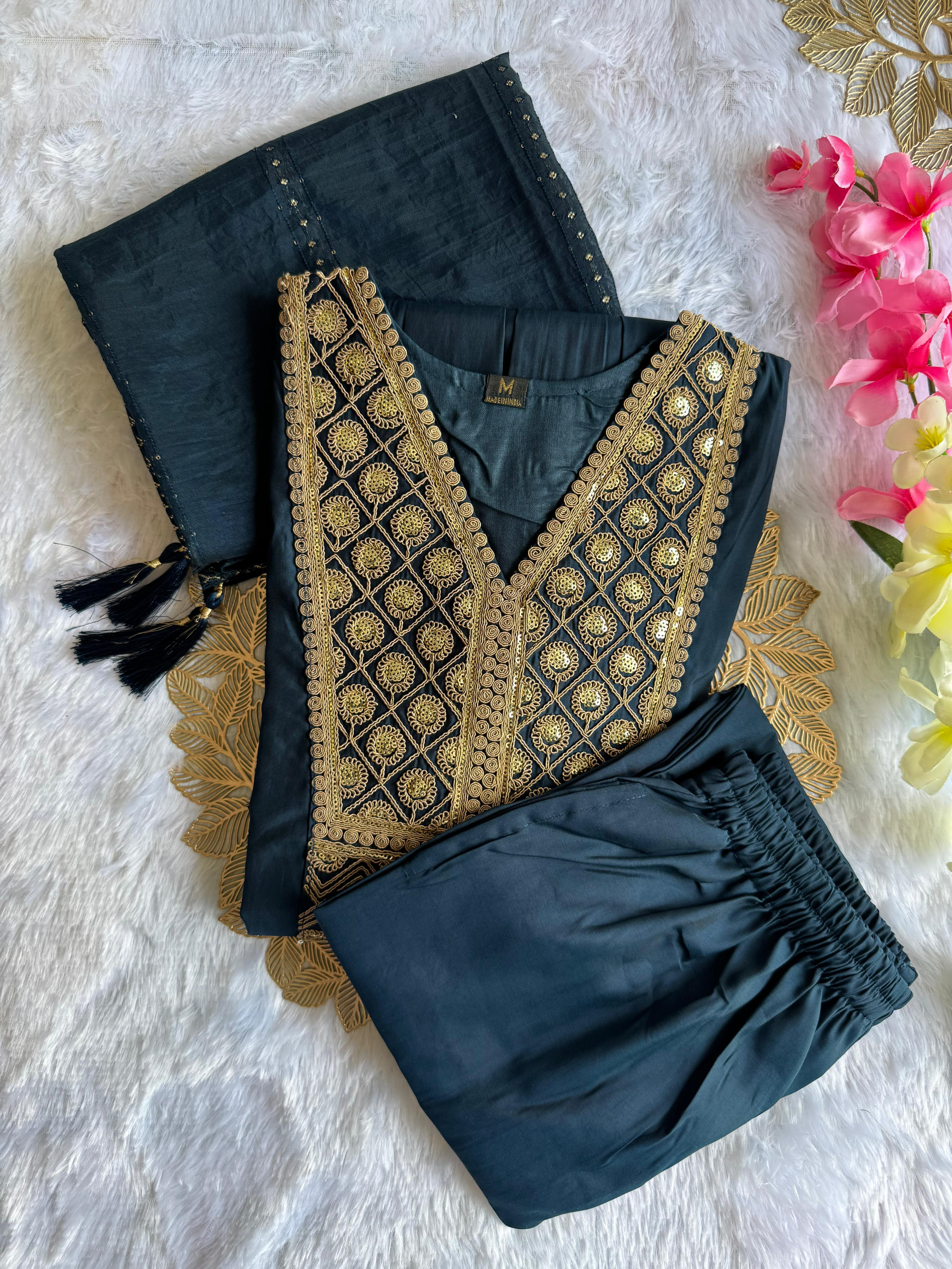 Teal Blue Cotton Embroidered Kurta Set with Trouser & Dupatta