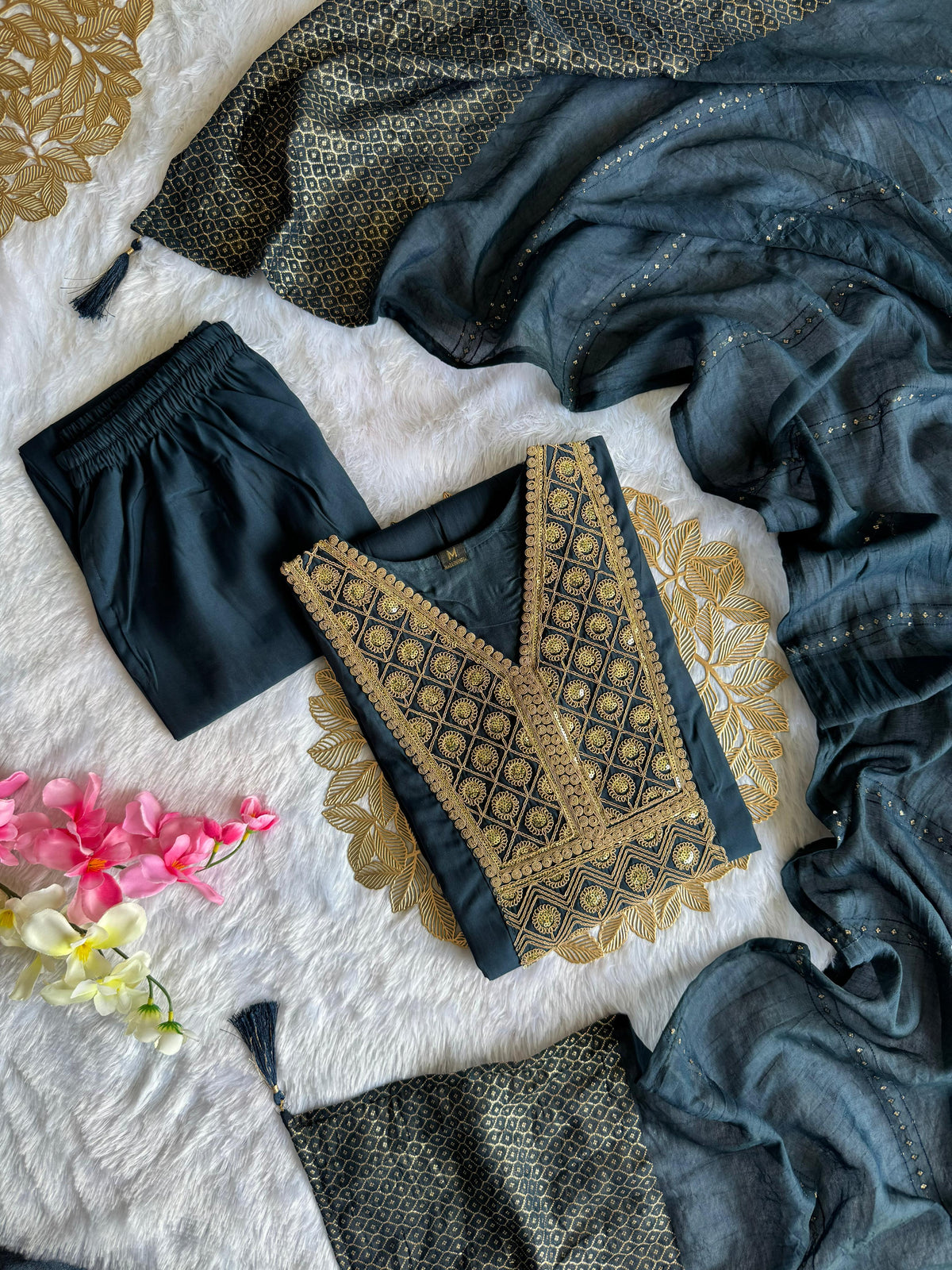 Teal Blue Cotton Embroidered Kurta Set with Trouser & Dupatta