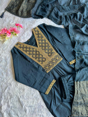 Teal Blue Cotton Embroidered Kurta Set with Trouser & Dupatta