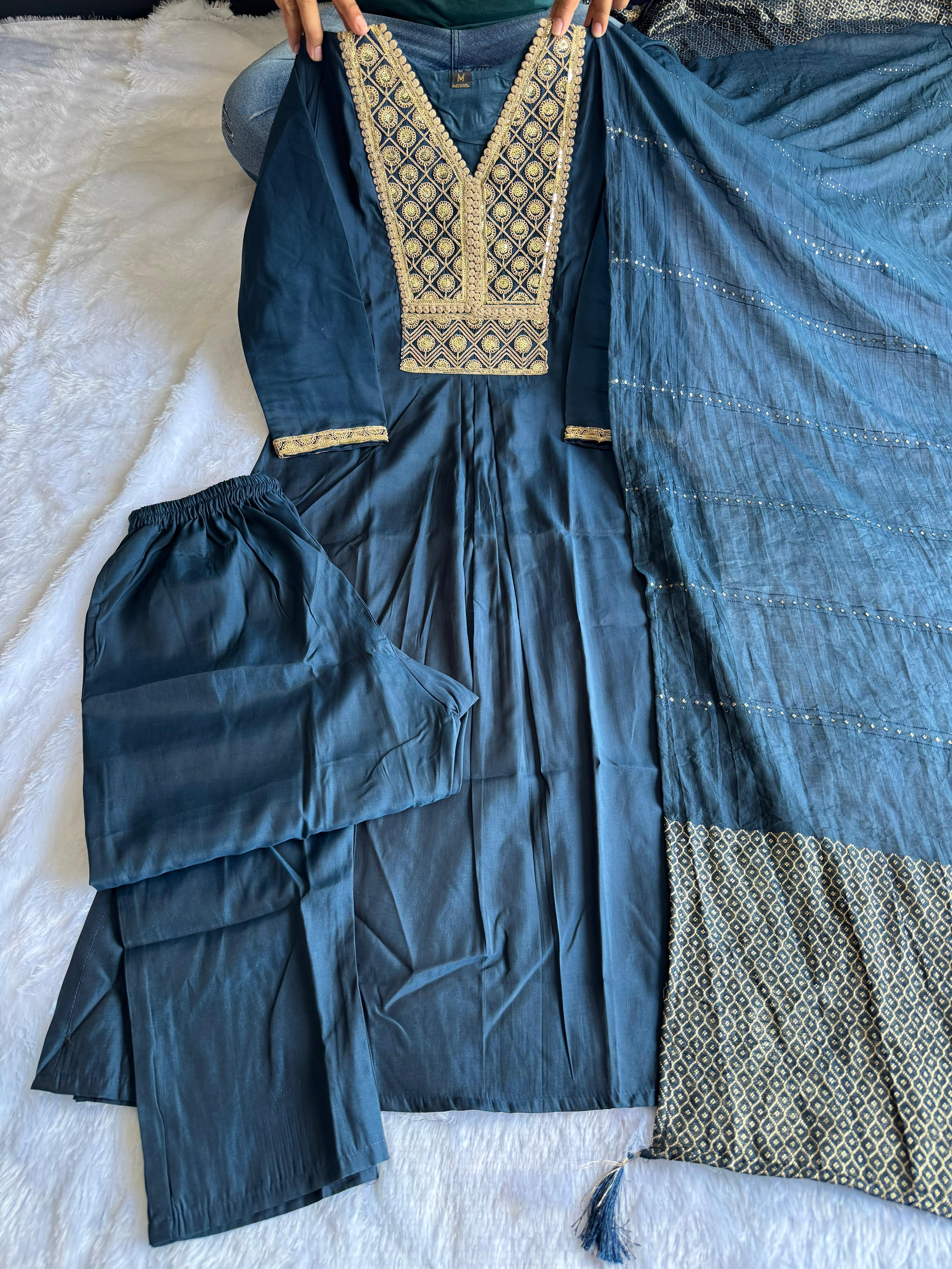Teal Blue Cotton Embroidered Kurta Set with Trouser & Dupatta