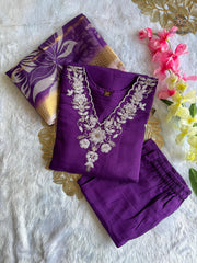 Purple Roman Silk Embroidered Kurta Set with Trouser & Dupatta