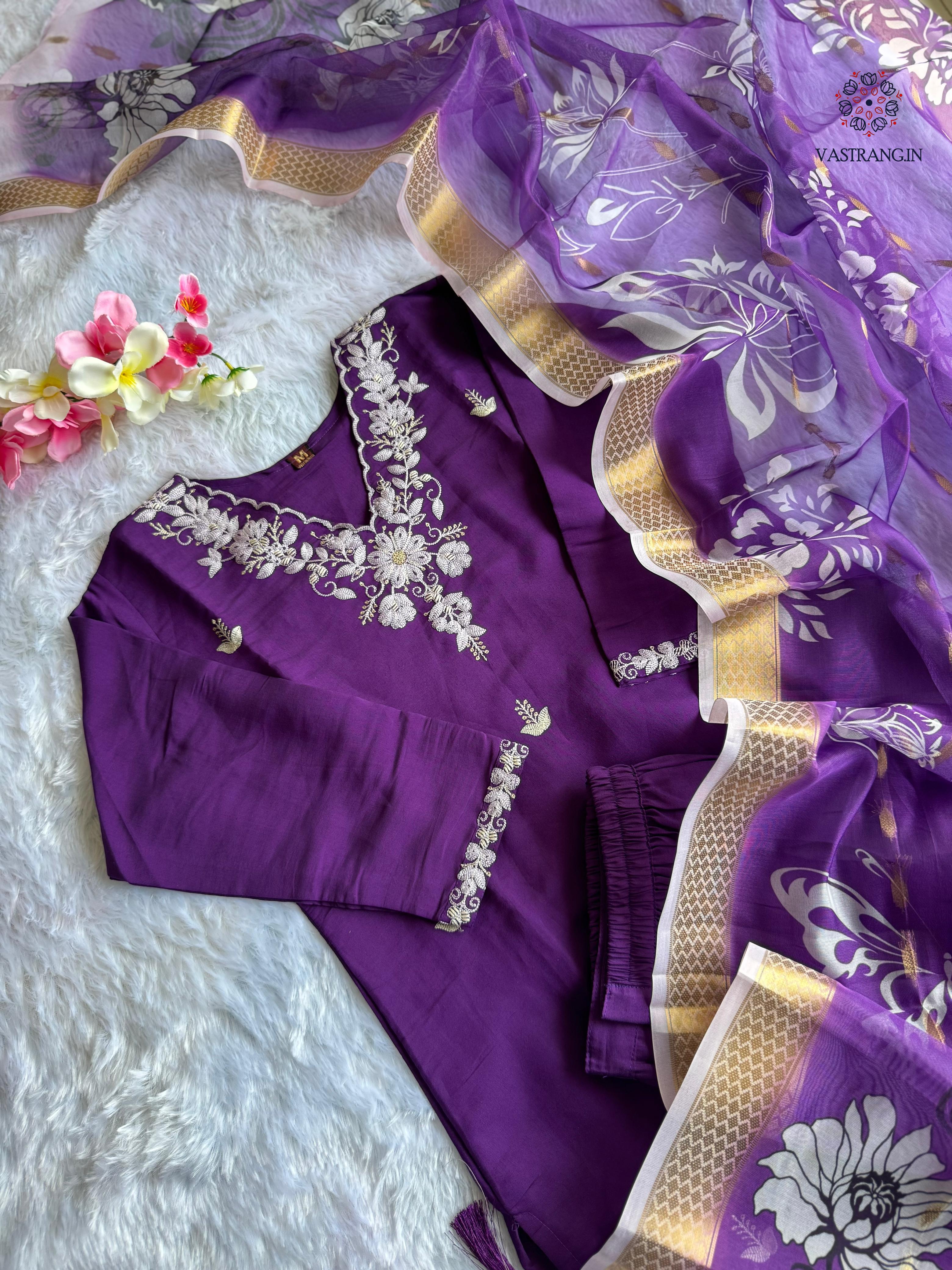 Purple Roman Silk Embroidered Kurta Set with Trouser & Dupatta