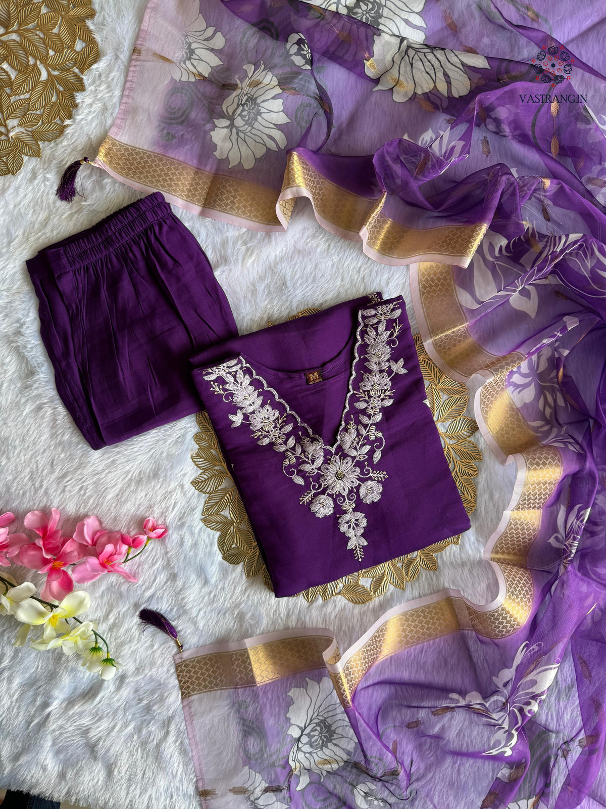 Purple Roman Silk Embroidered Kurta Set with Trouser & Dupatta