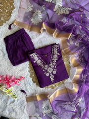 Purple Roman Silk Embroidered Kurta Set with Trouser & Dupatta