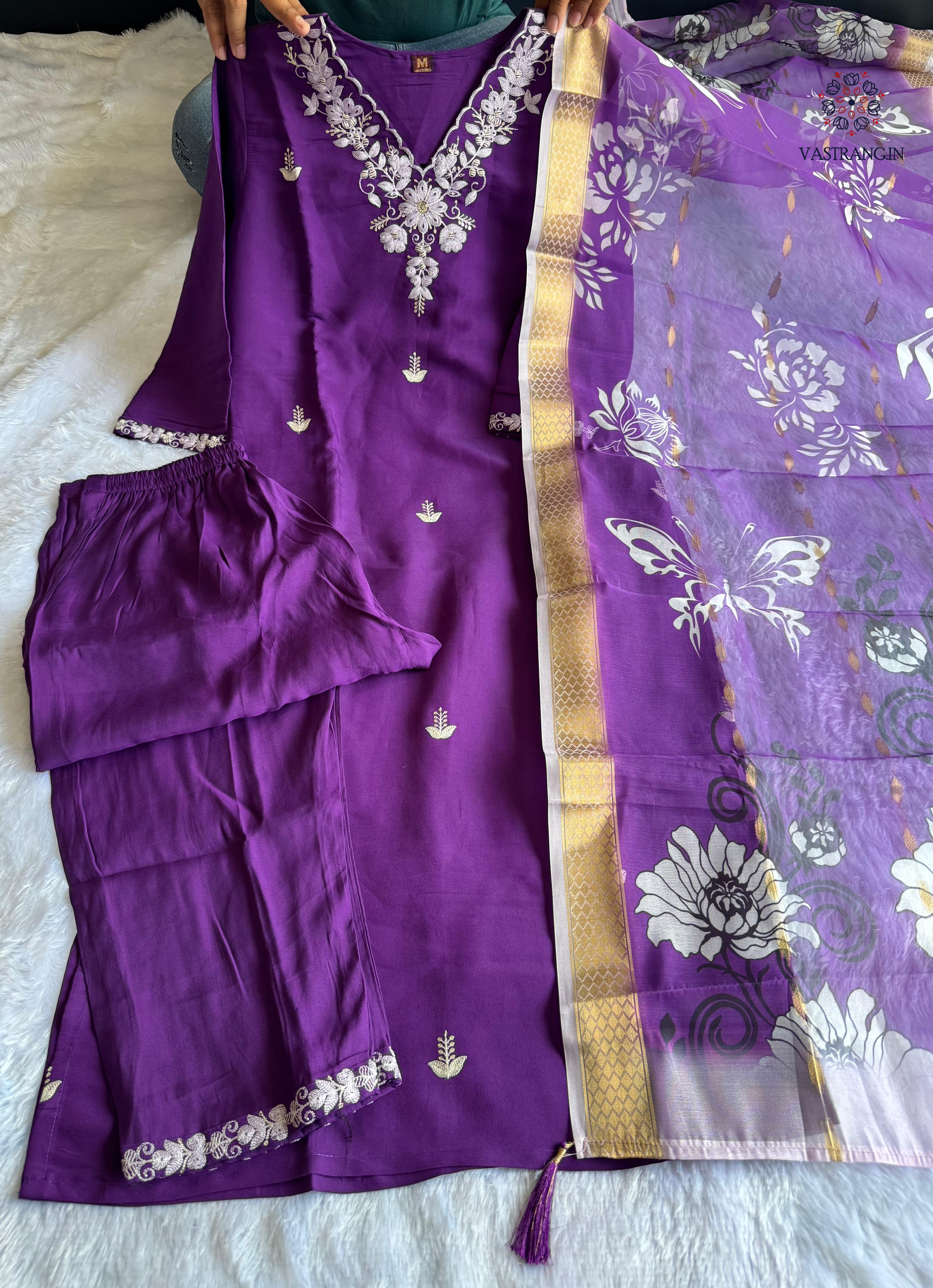 Purple Roman Silk Embroidered Kurta Set with Trouser & Dupatta