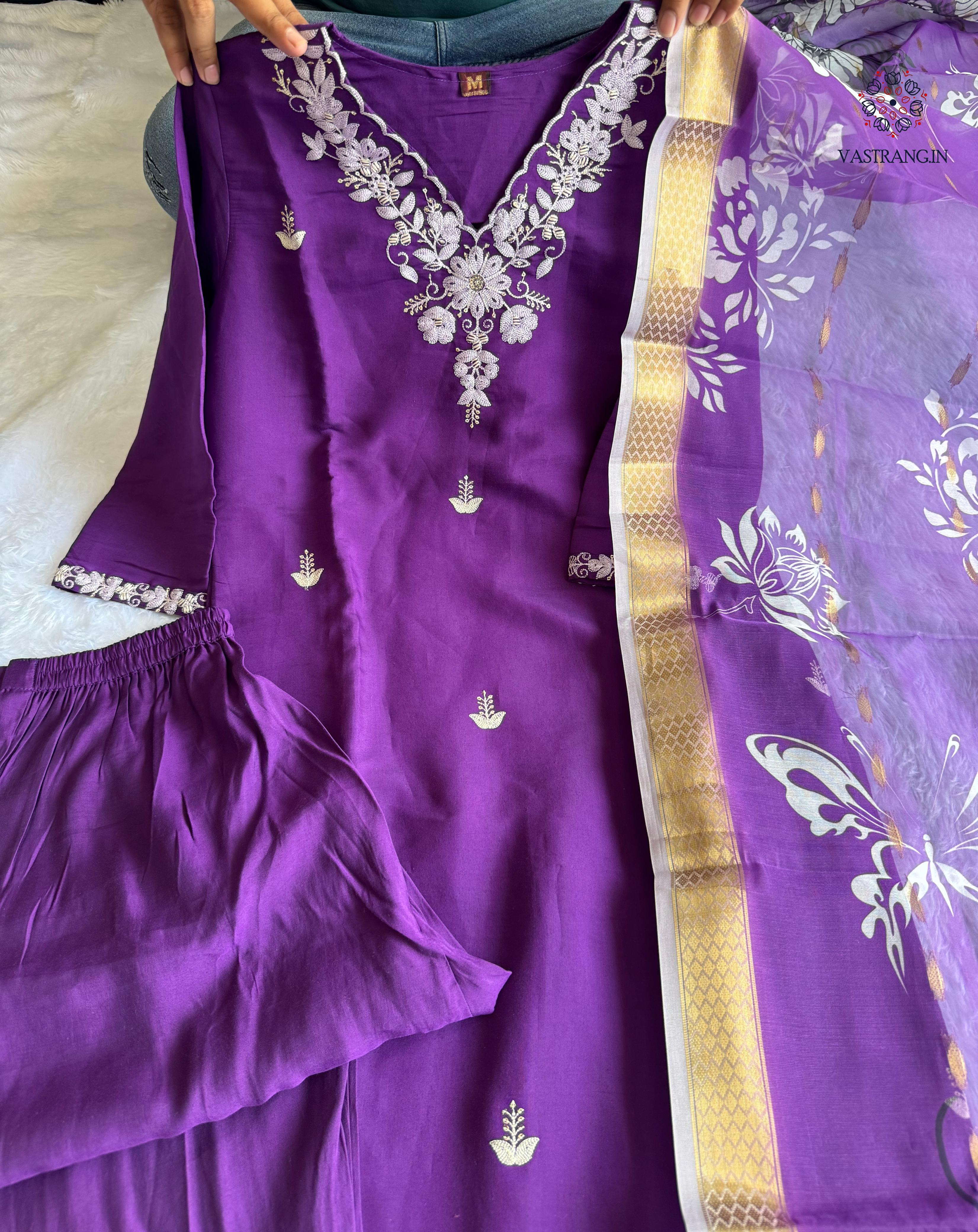 Purple Roman Silk Embroidered Kurta Set with Trouser & Dupatta