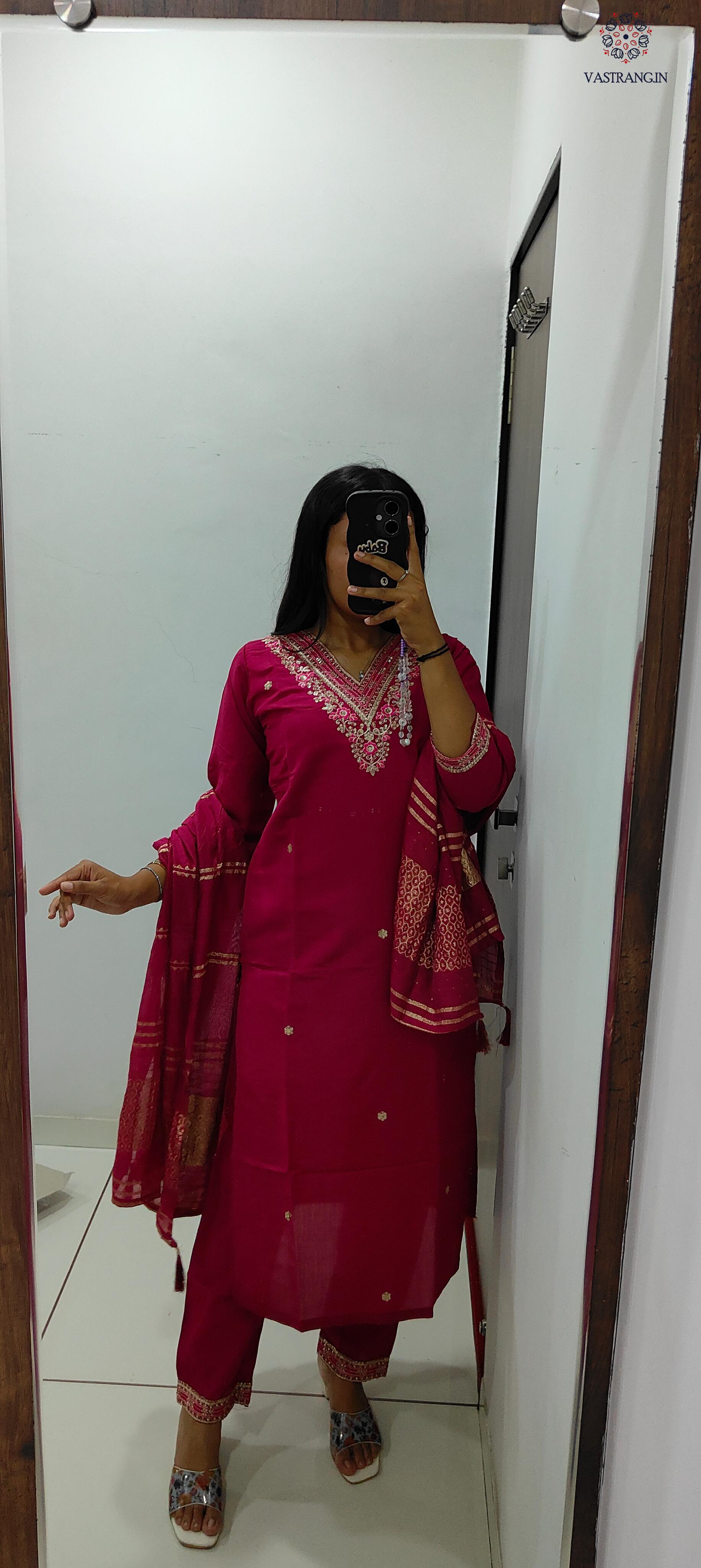 Cherry Roman Silk Embroidered Kurta Set with Trouser & Dupatta