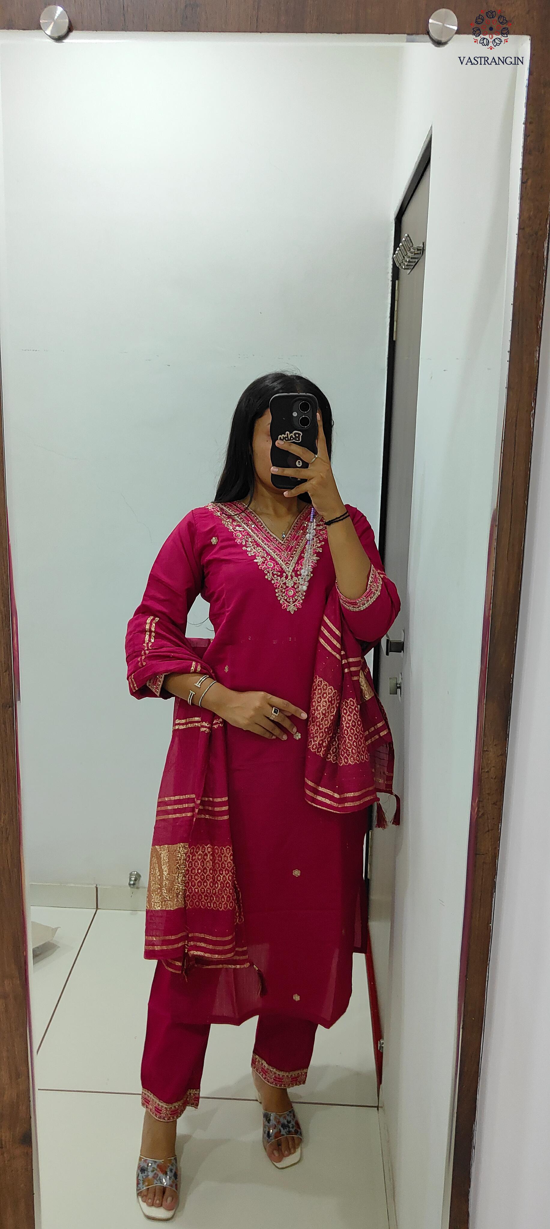 Cherry Roman Silk Embroidered Kurta Set with Trouser & Dupatta