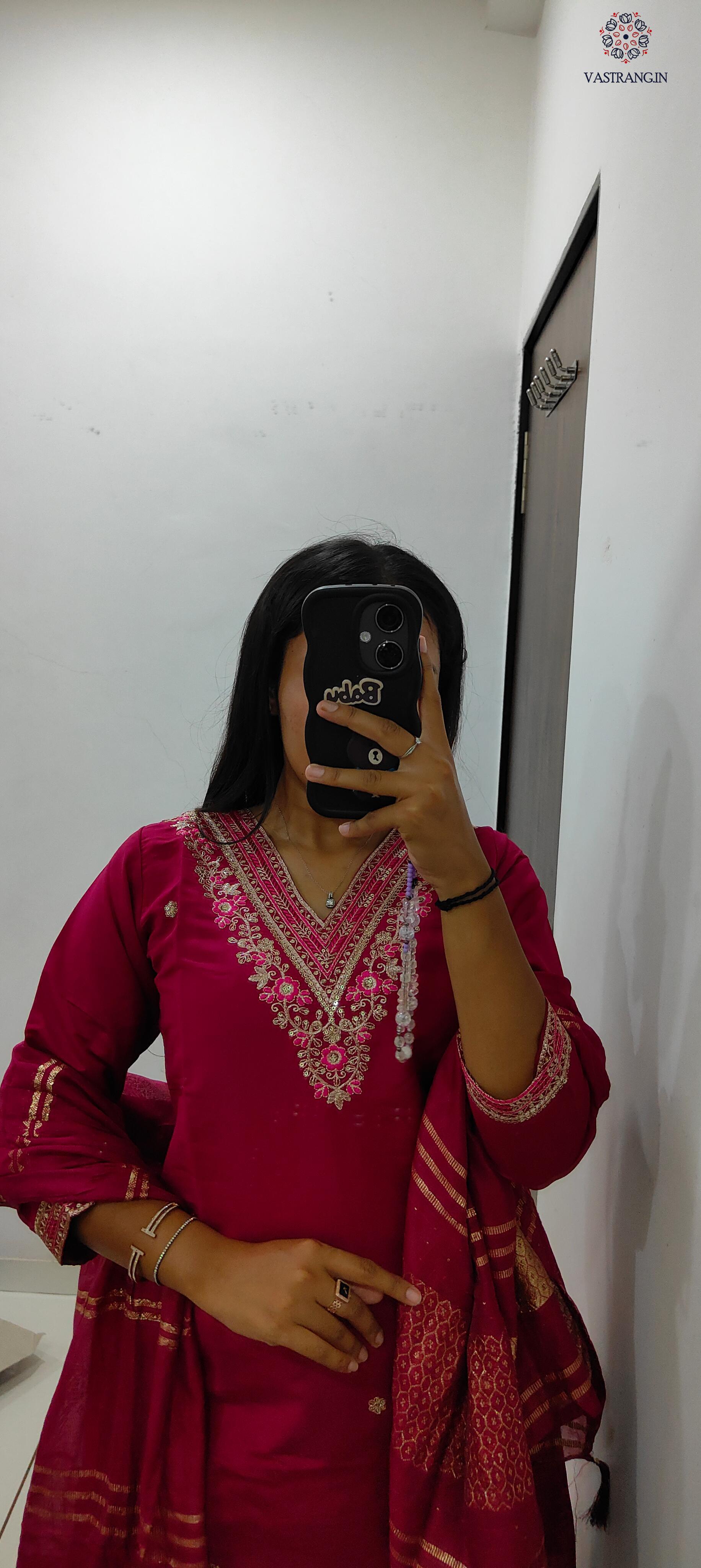 Cherry Roman Silk Embroidered Kurta Set with Trouser & Dupatta