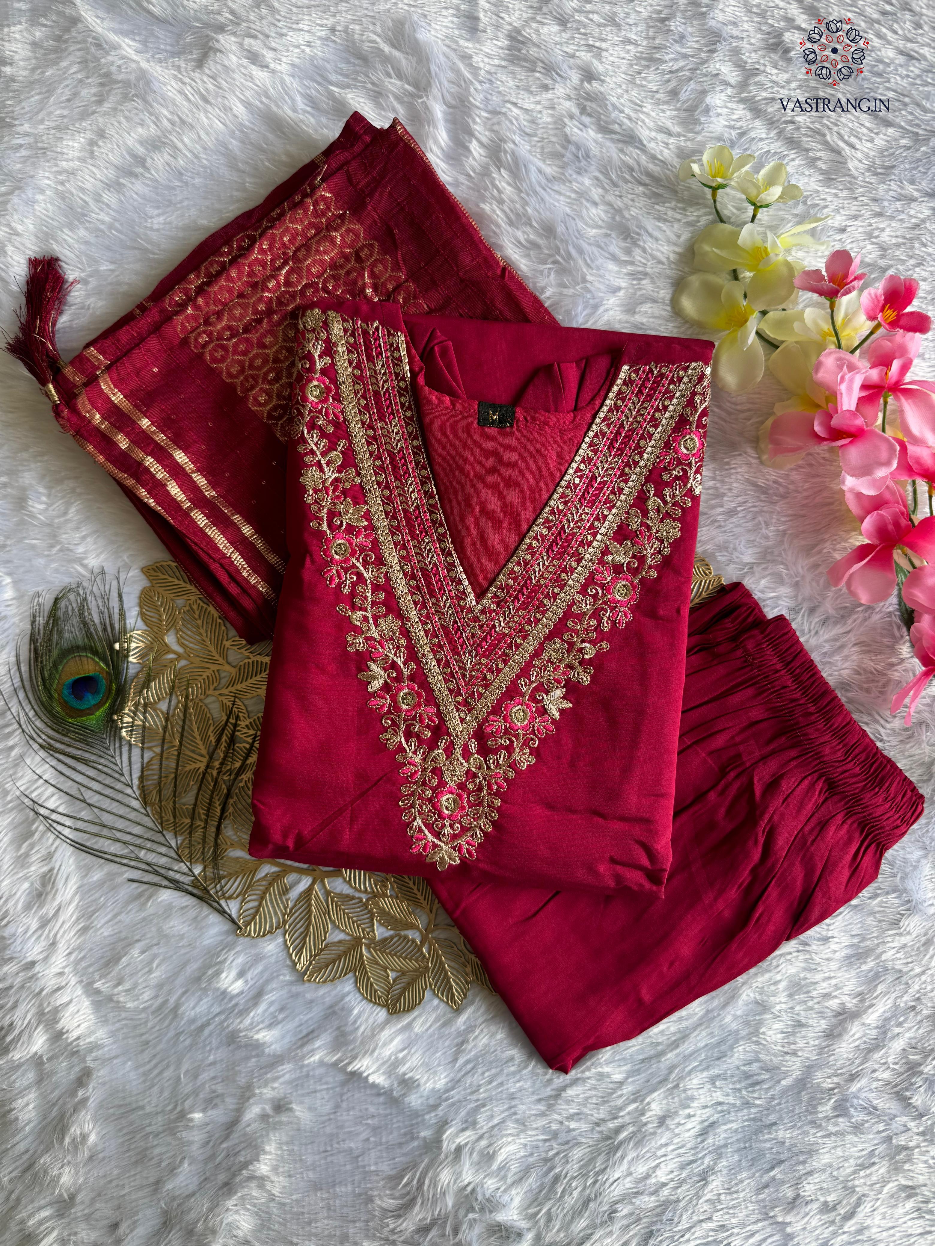 Cherry Roman Silk Embroidered Kurta Set with Trouser & Dupatta