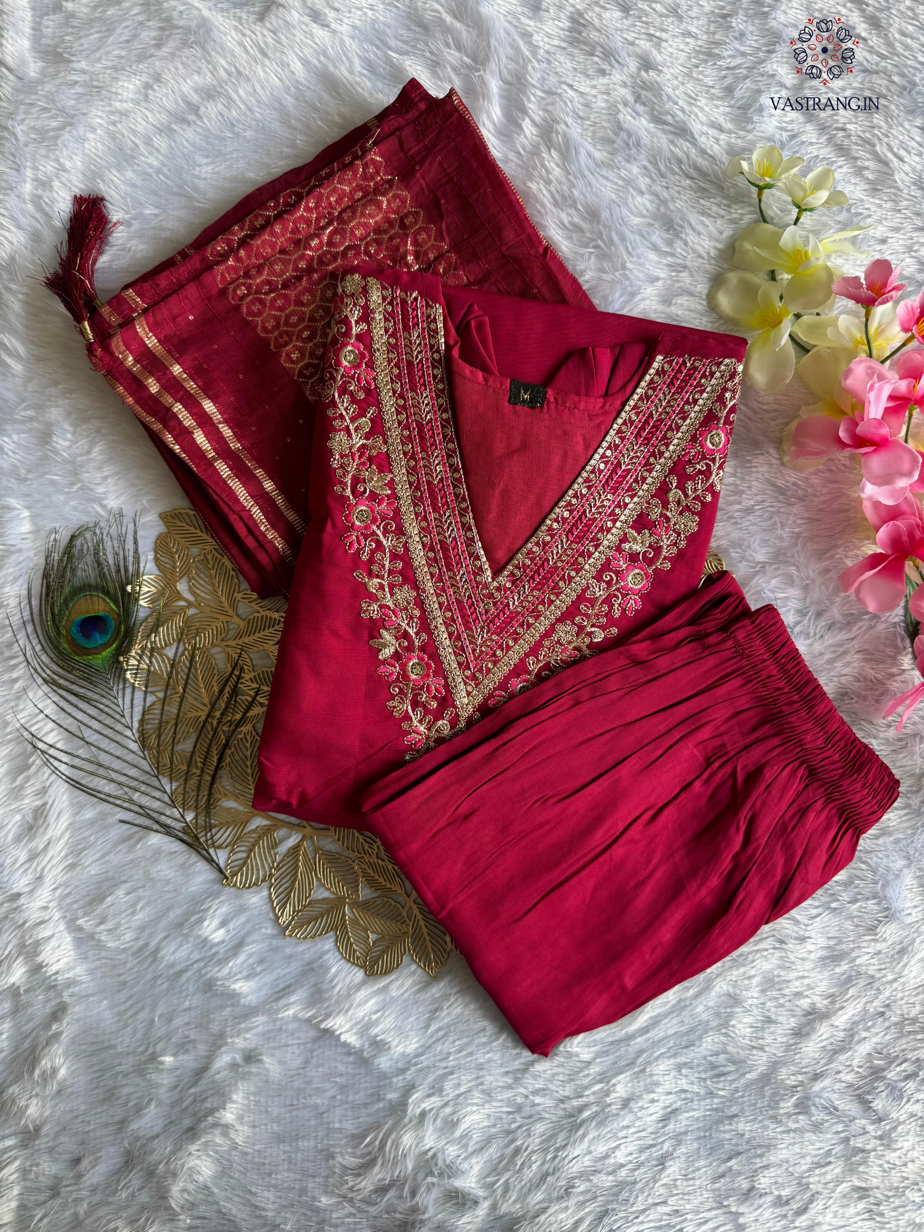 Cherry Roman Silk Embroidered Kurta Set with Trouser & Dupatta