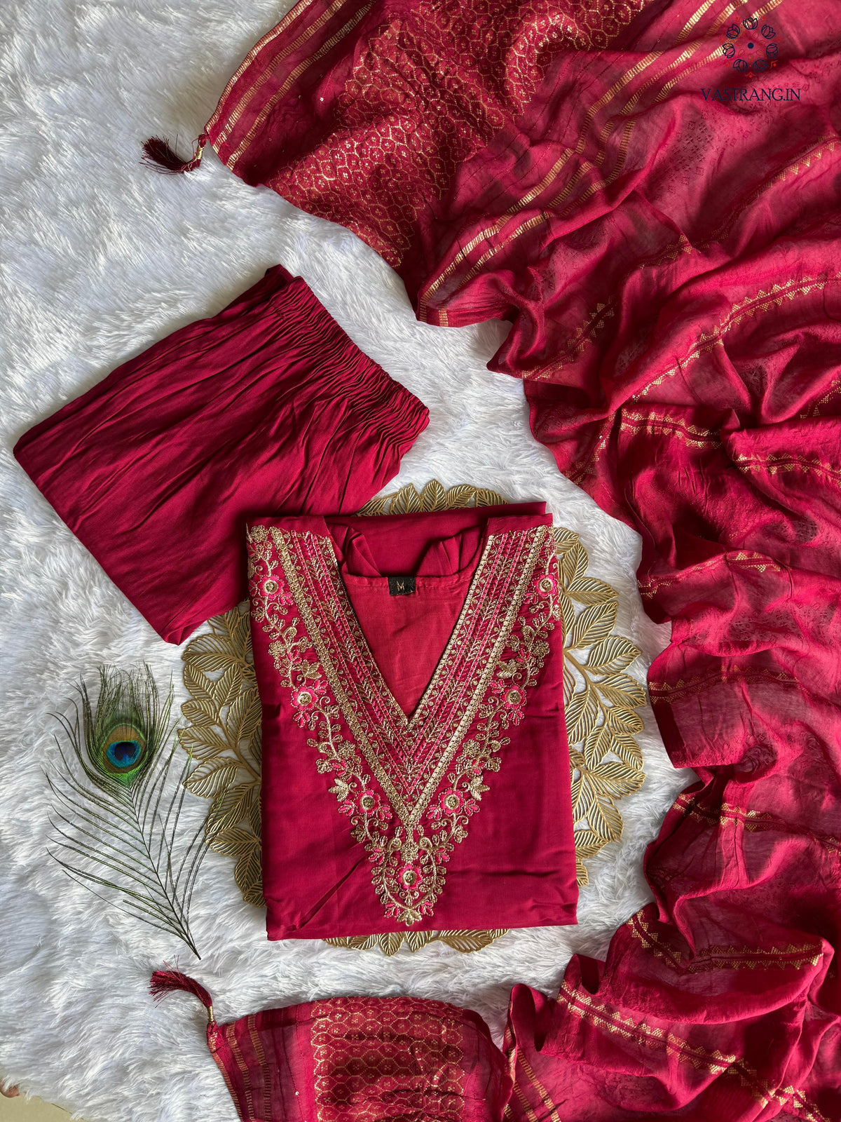 Cherry Roman Silk Embroidered Kurta Set with Trouser & Dupatta