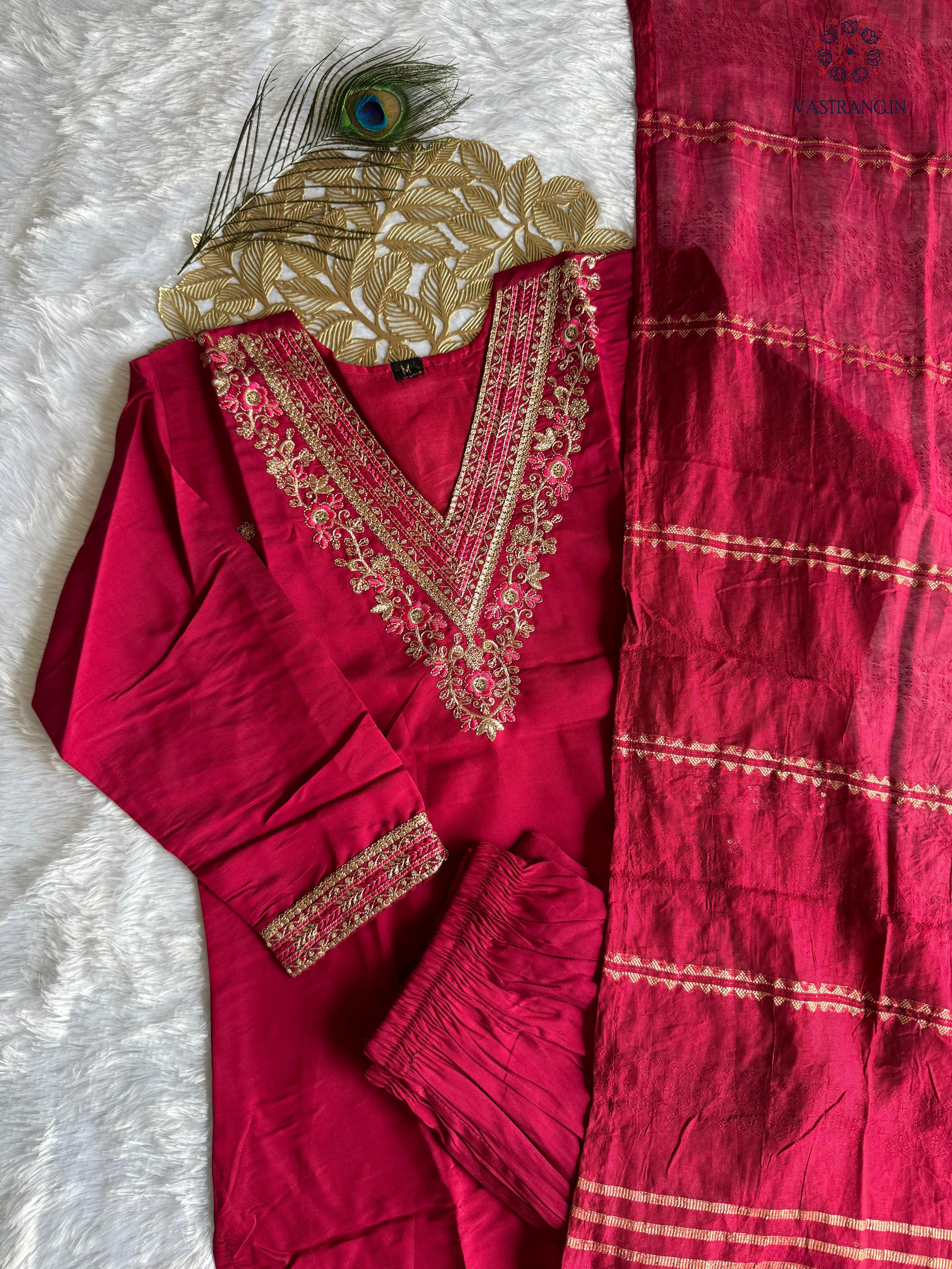 Cherry Roman Silk Embroidered Kurta Set with Trouser & Dupatta