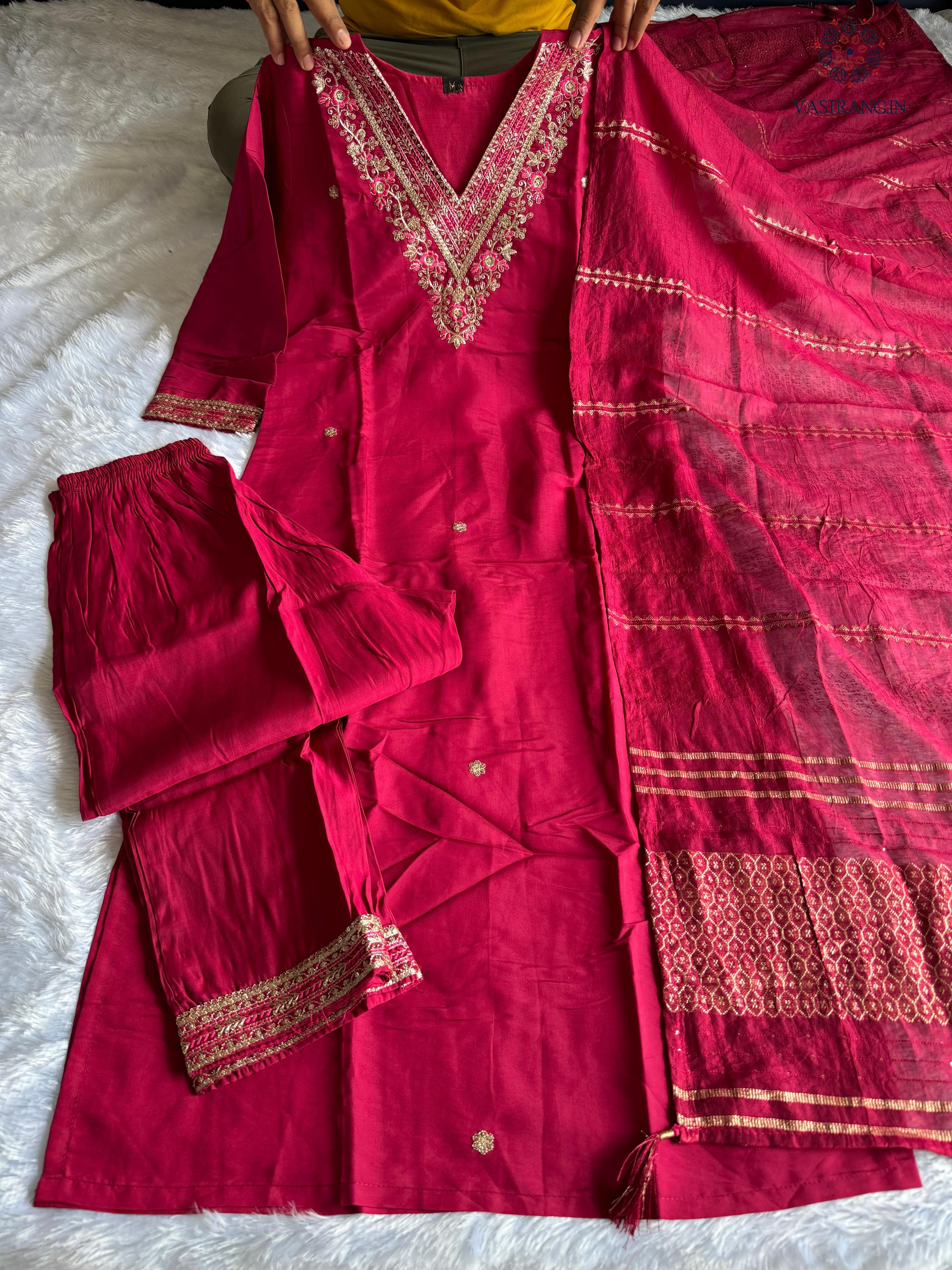 Cherry Roman Silk Embroidered Kurta Set with Trouser & Dupatta