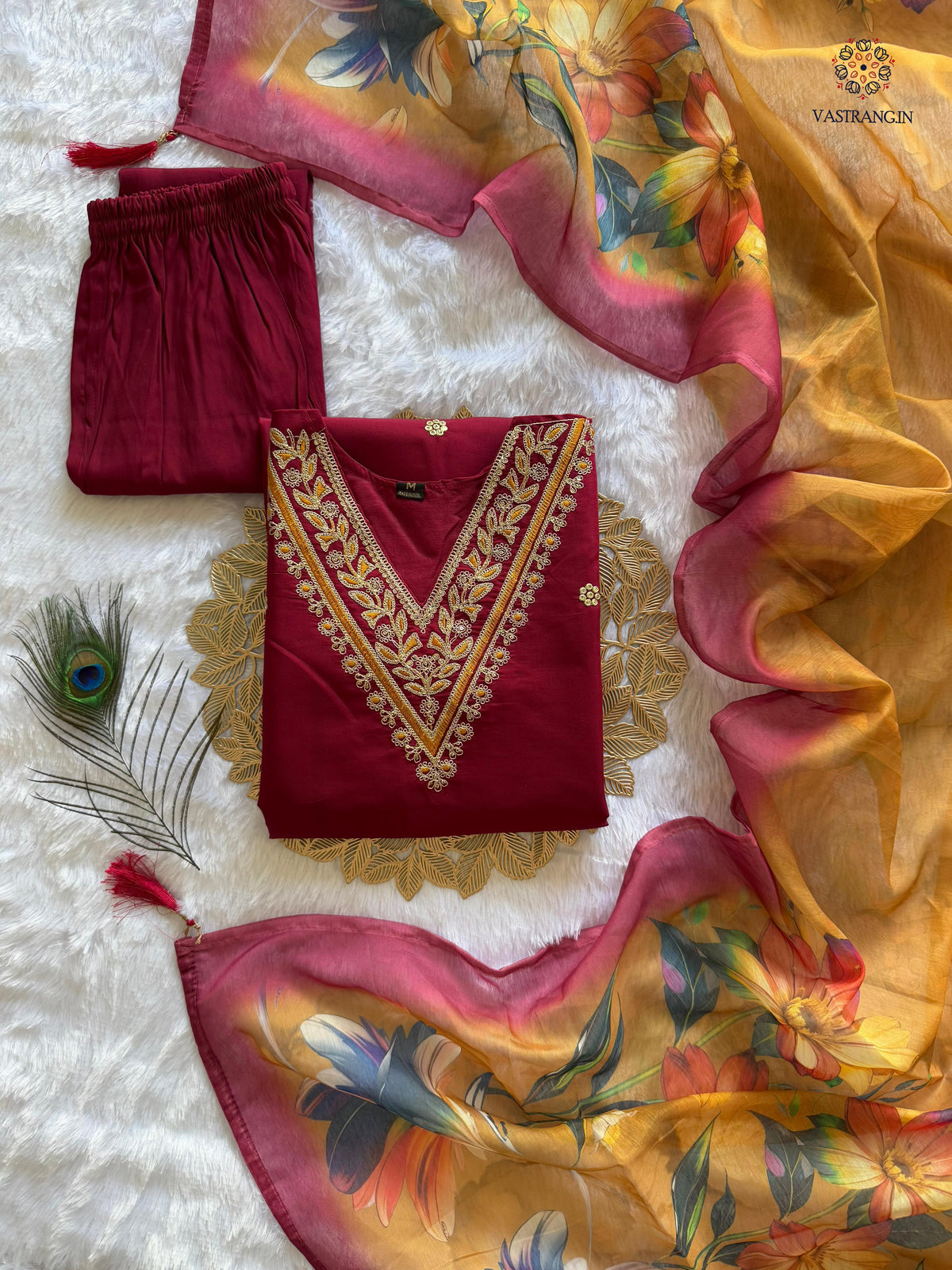 Maroon Roman Silk Embroidered Kurta Set with Trouser & Dupatta