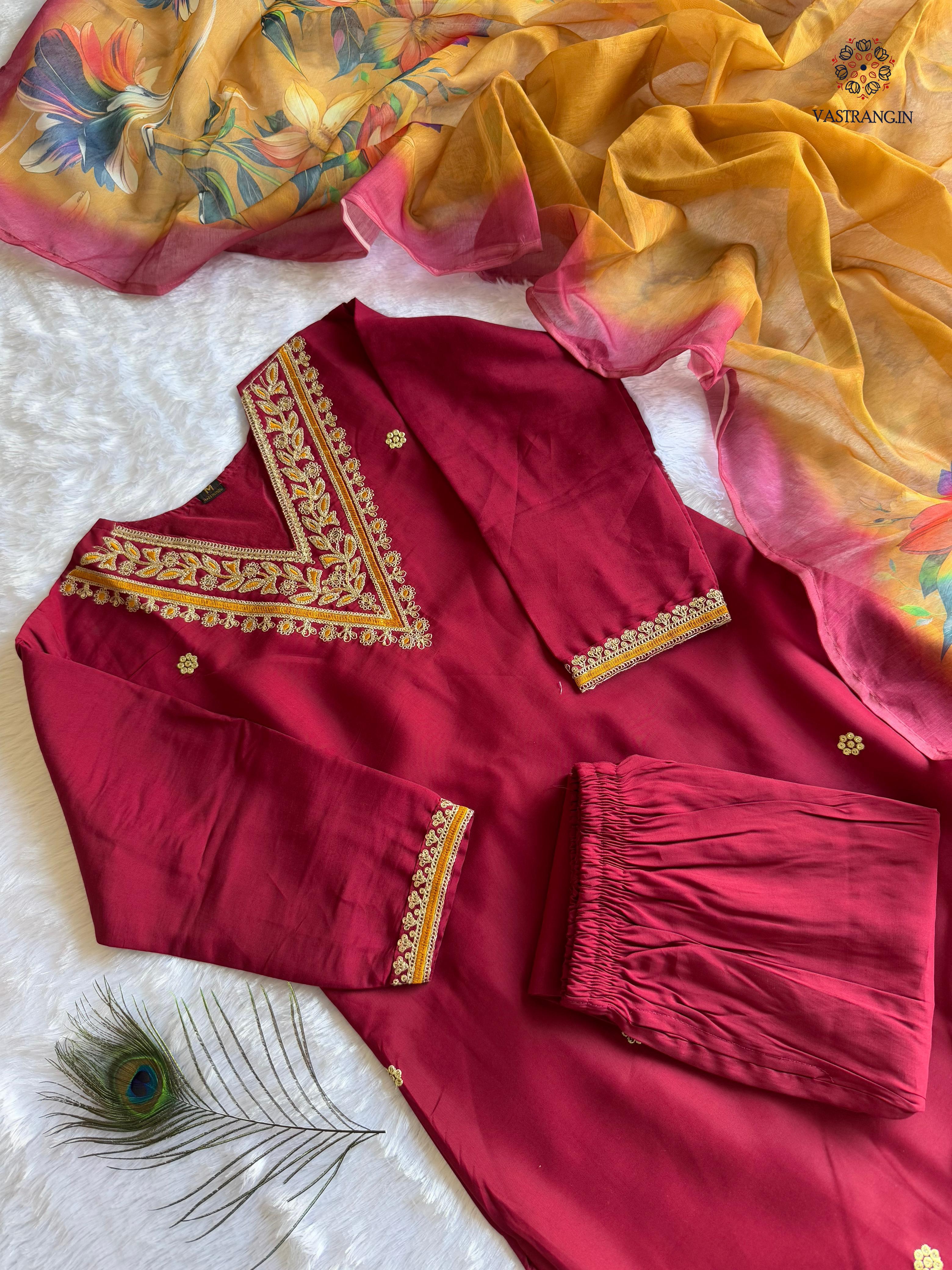 Maroon Roman Silk Embroidered Kurta Set with Trouser & Dupatta