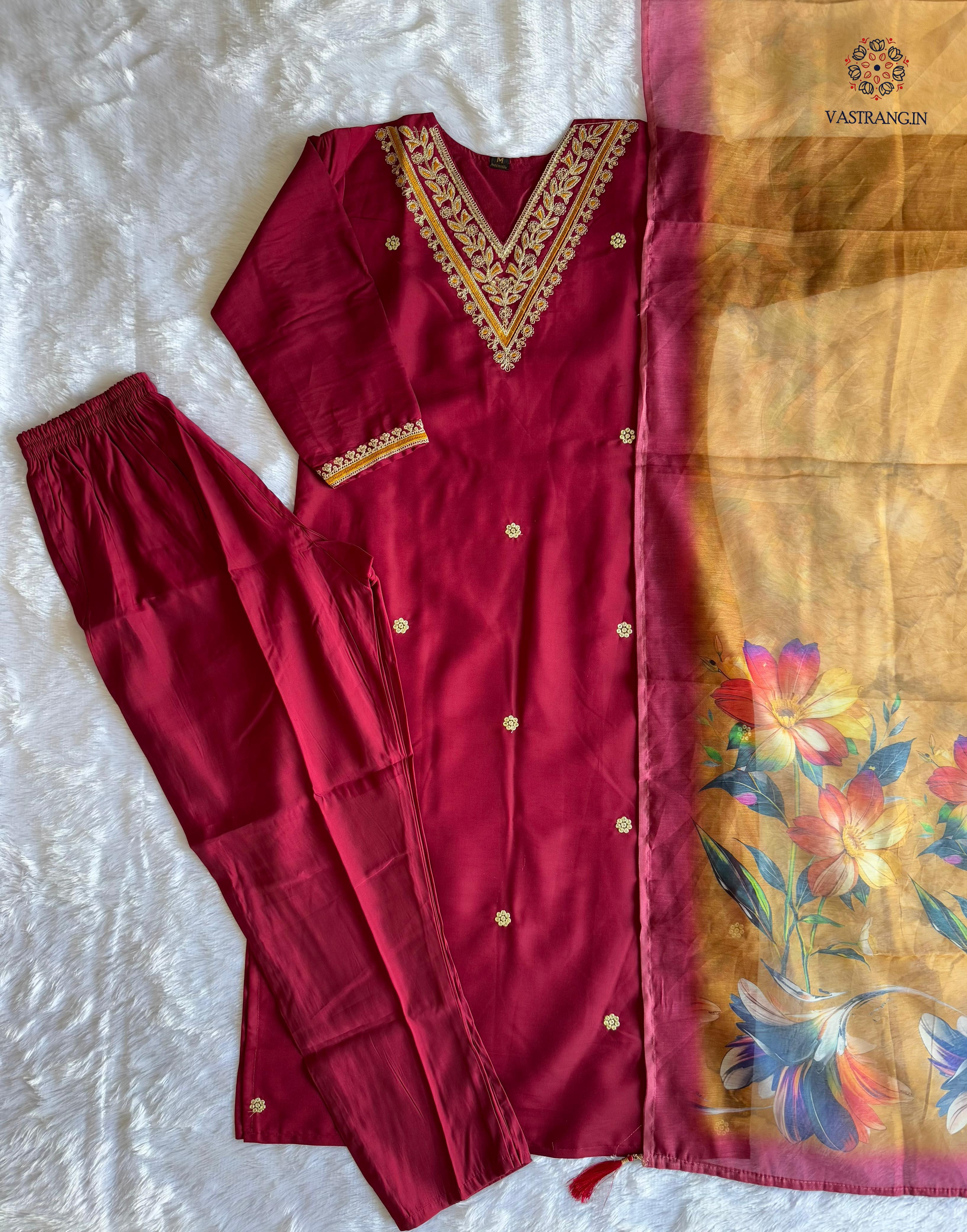 Maroon Roman Silk Embroidered Kurta Set with Trouser & Dupatta