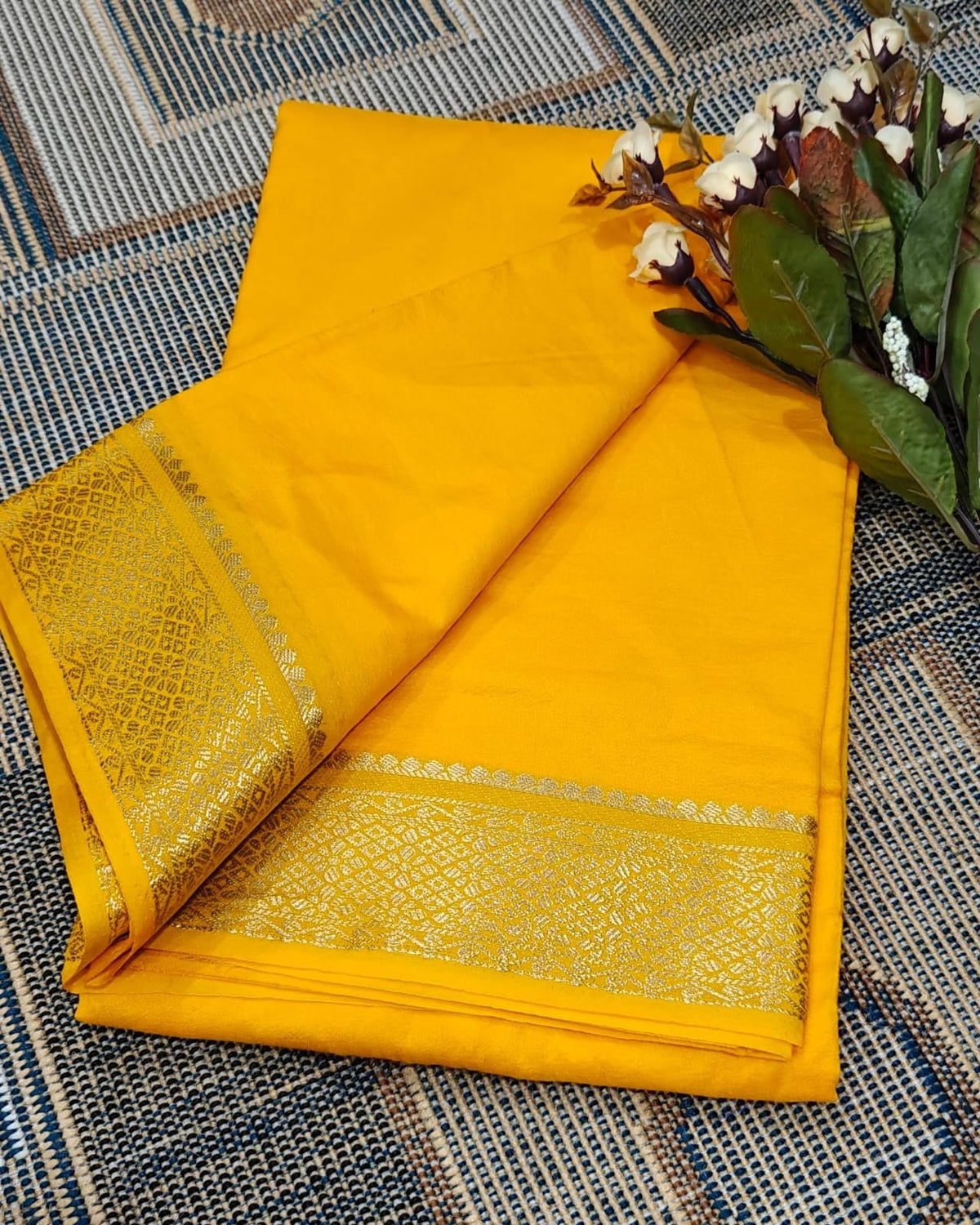 Yellow Handwoven Mysore Silk Saree Golden Detailing
