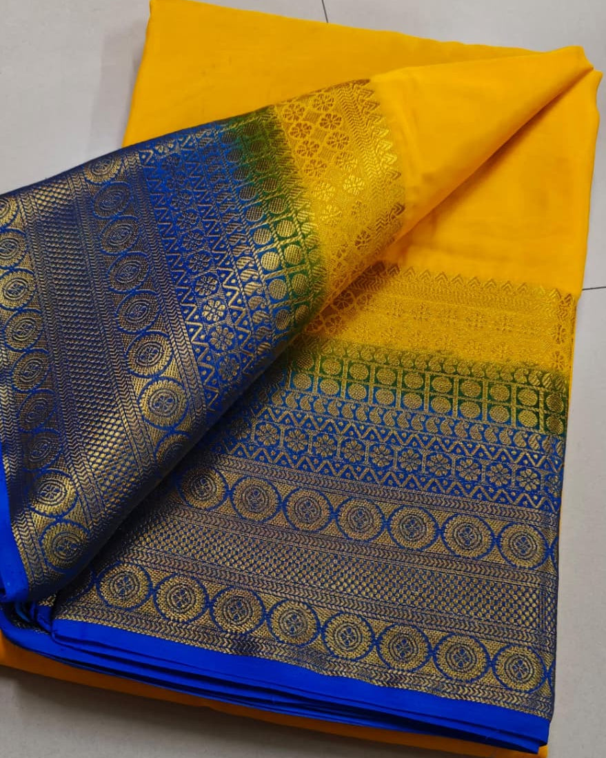 Yellow Traditional Banarasi Style Mysore Saree with Golden Zari